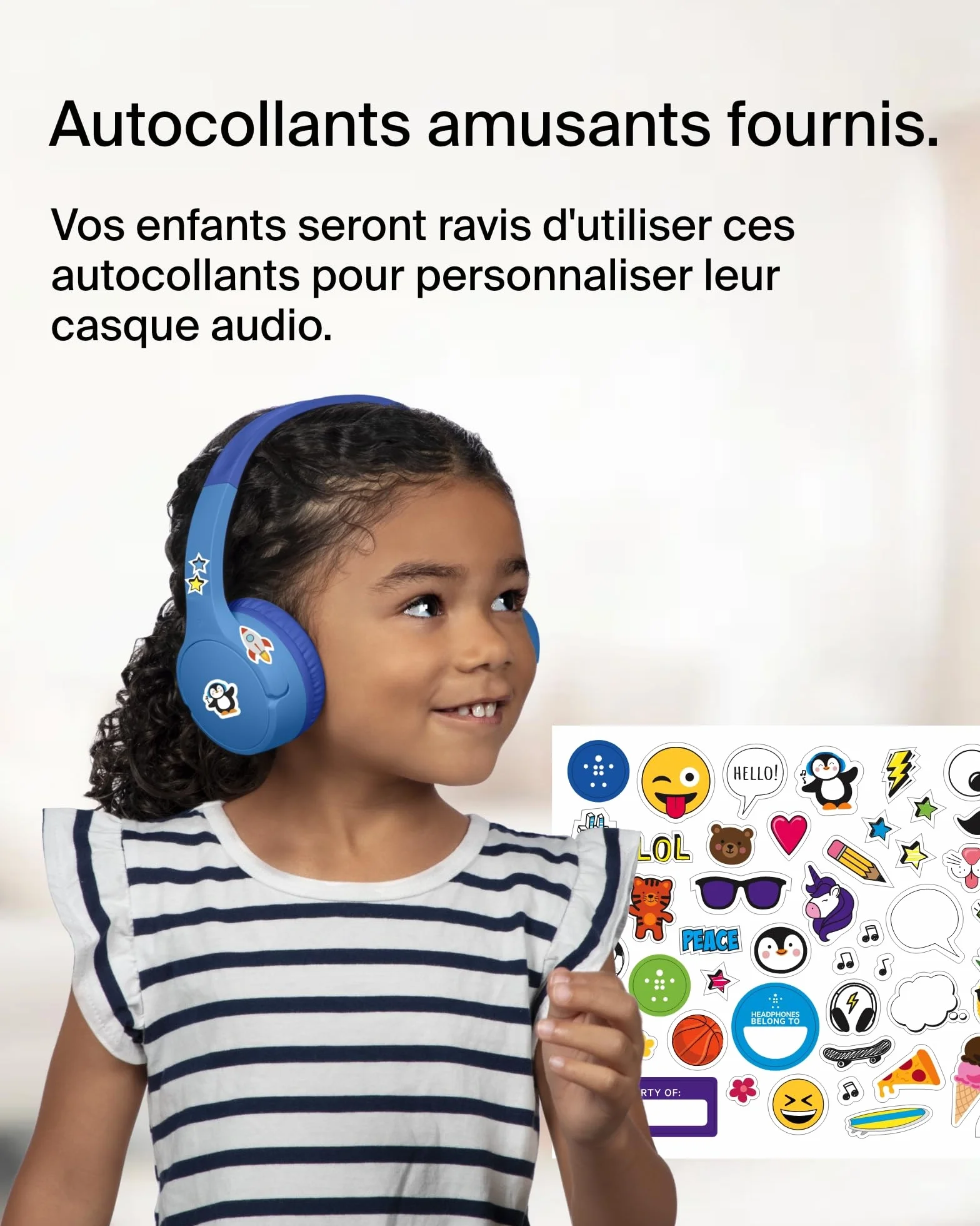 Belkin SoundForm Mini Casque Audio sans Fil pour Enfants avec Micro intégré (Circum-aural, autonomie de 30 h, pour Apprentissage, Voyages, Autocollants Amusants, pour iPhone, iPad, Galaxy) - Bleu