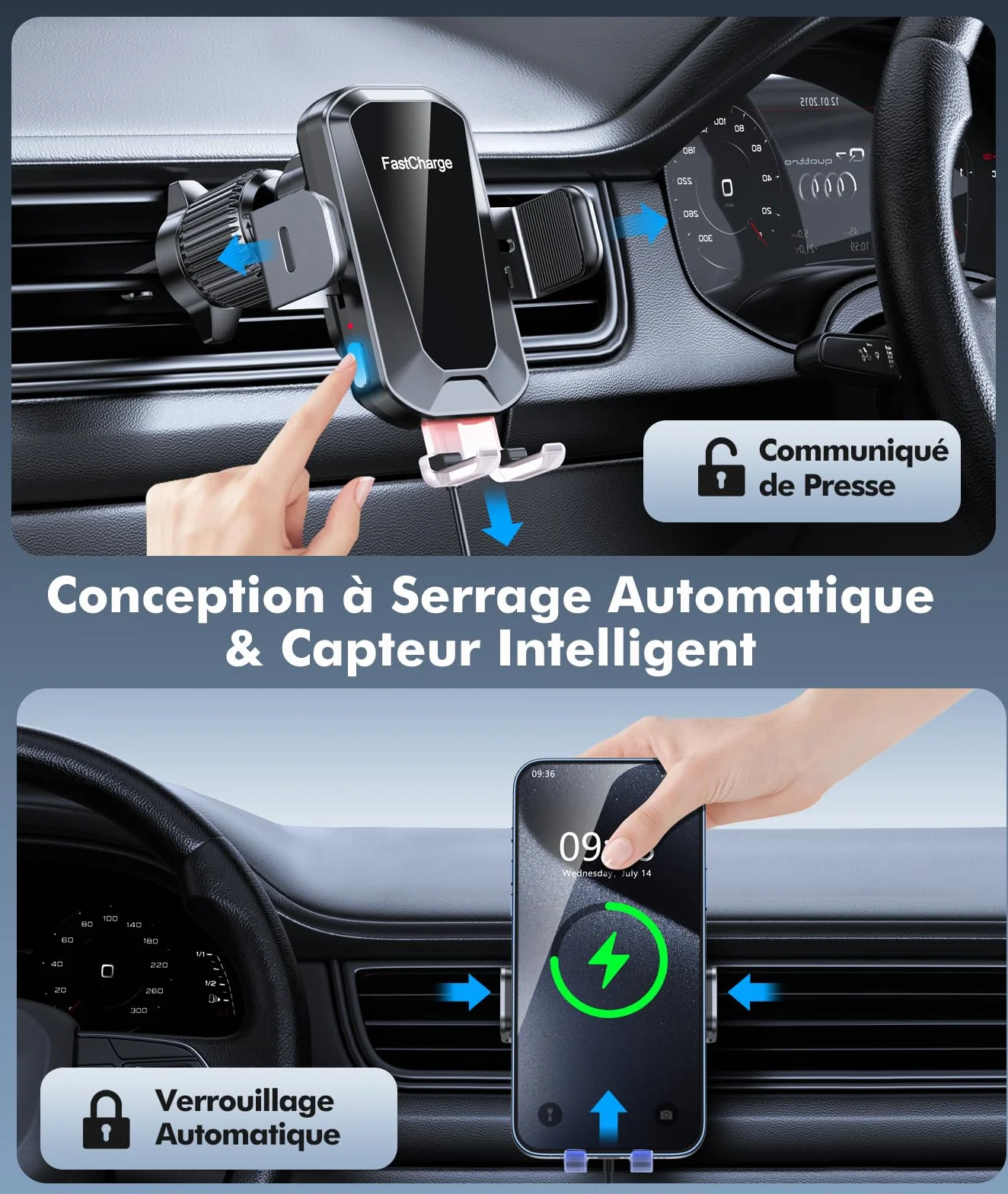 EOIWUY Support Telephone Voiture Induction, 15W Chargeur Induction Voiture Rapide sans Fil 【Serrage Automatique & Rotation 360°】 Compatible avec iPhone 17 Pro Max 16/15/14/13, Galaxy S24/S23/S22, etc