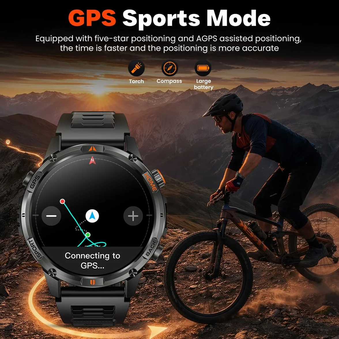 Montre Connectée Homme GPS Smartwatach: 1.46" HD Smart Watch Appel Bluetooth Fréquence Cardiaque SpO2 580mAh Batterie 100+ Modes Sportifs IP68 Etanche Surveillance Santé Torche LED pour iOS e Android
