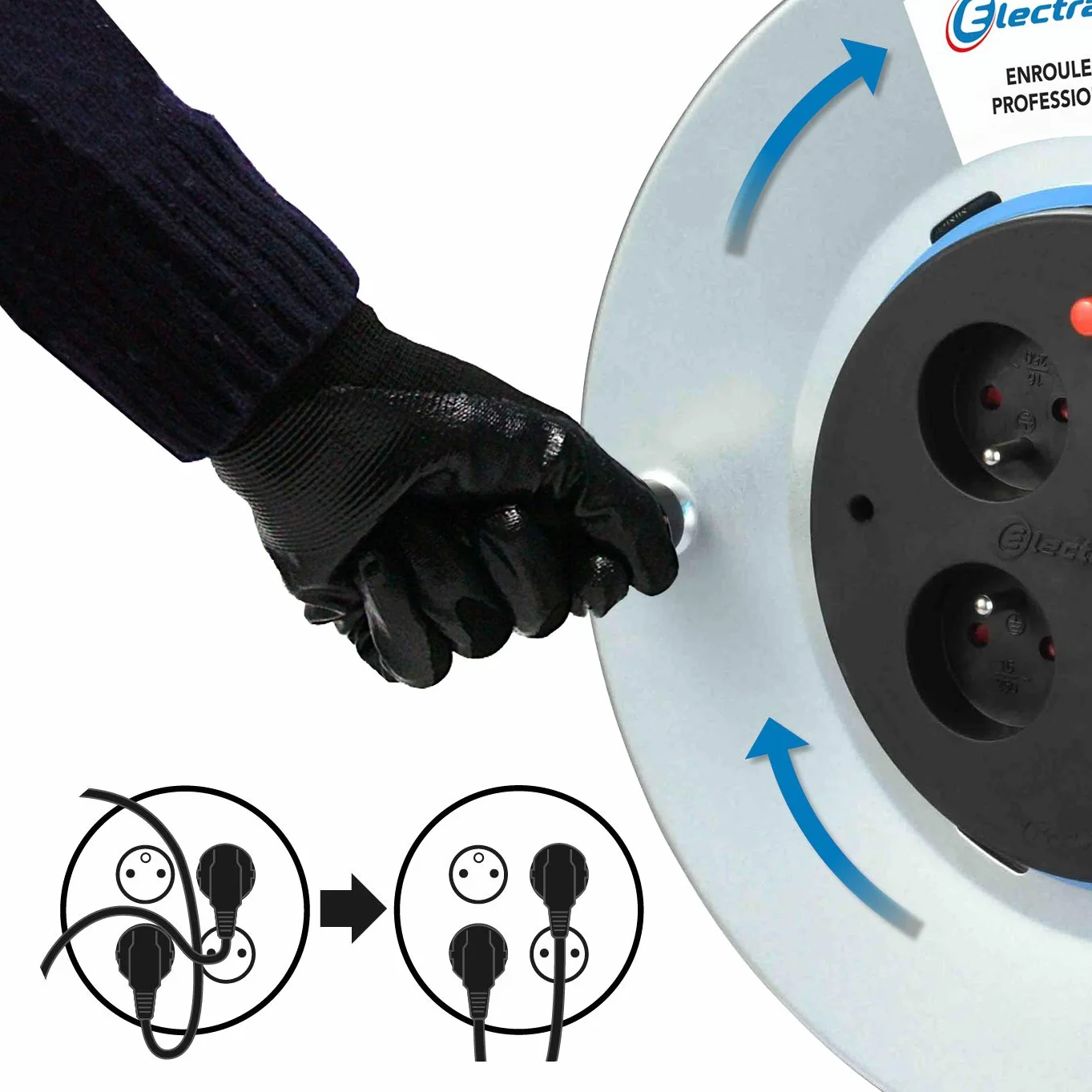 Electraline 208690 Rallonge Prolongateur électrique en Metal 50M 4 prises avec Guide pour le câble, Platine fixe et poignée ergonomique
