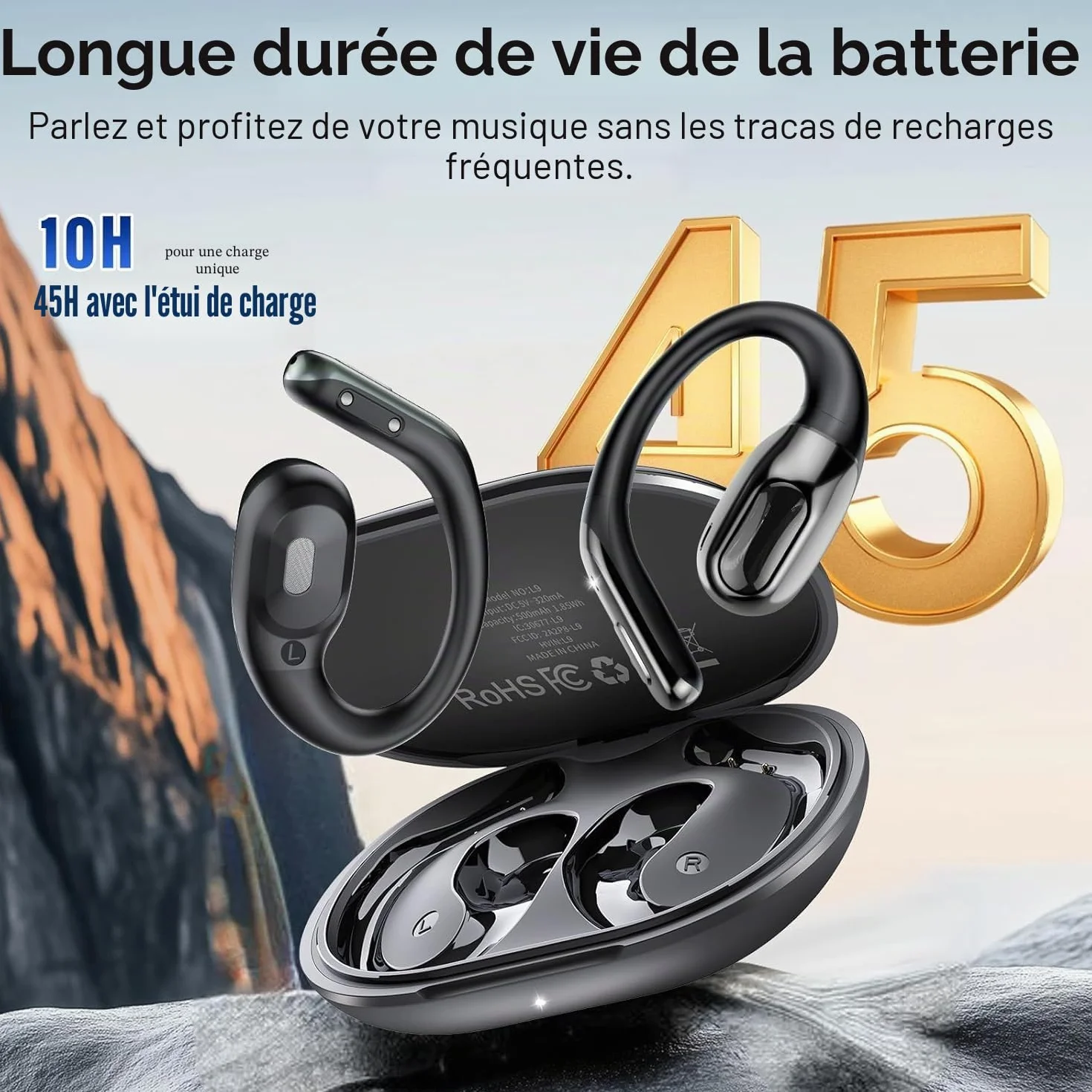 2026 Bluetooth 6.0 Open Ear Ecouteurs sans Fil Sport avec Zone de Tapotement Élargie et Crochet d'oreille Air, 60H Écouteurs sans Fil avec ENC Mic, IP7 Oreillette pour Course/Fitness/Cyclisme