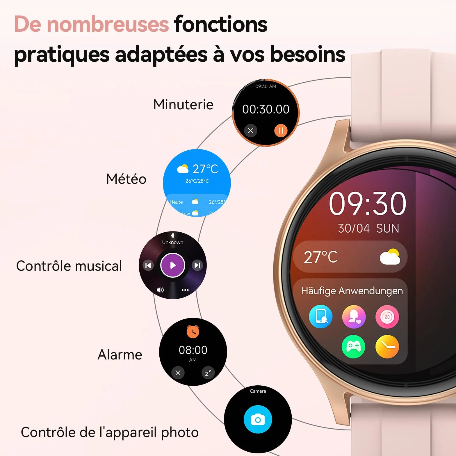 Montre Connectée Femme Smartwatch 1.57" Appel Bluetooth Surveillance Fréquence Cardiaque Sommeil 3ATM étanche 120+ Modes Sport Podometre