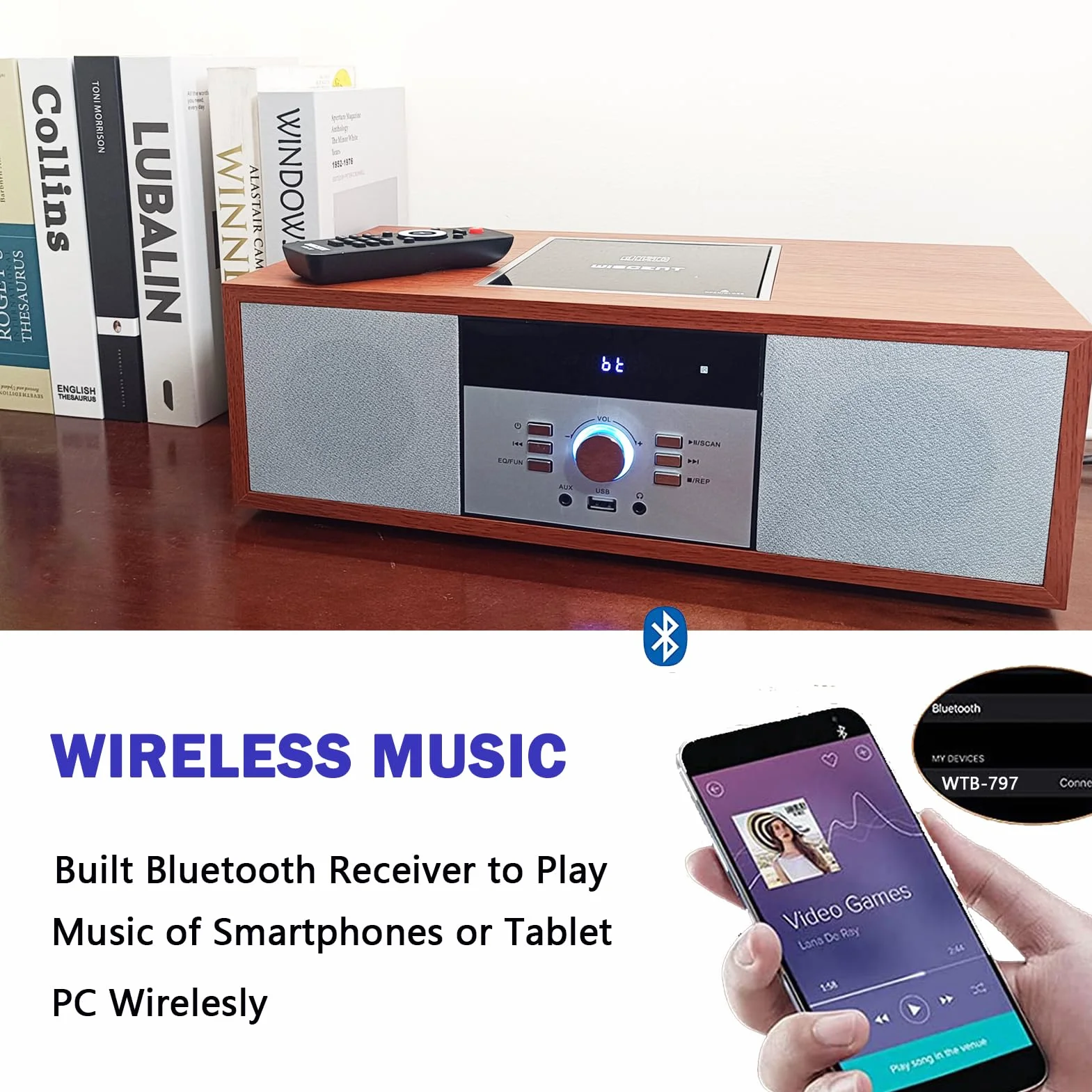 WISCENT Chaîne Hi-Fi Stéréo Bluetooth 30W RMS Lecteur CD Radio FM USB AUX