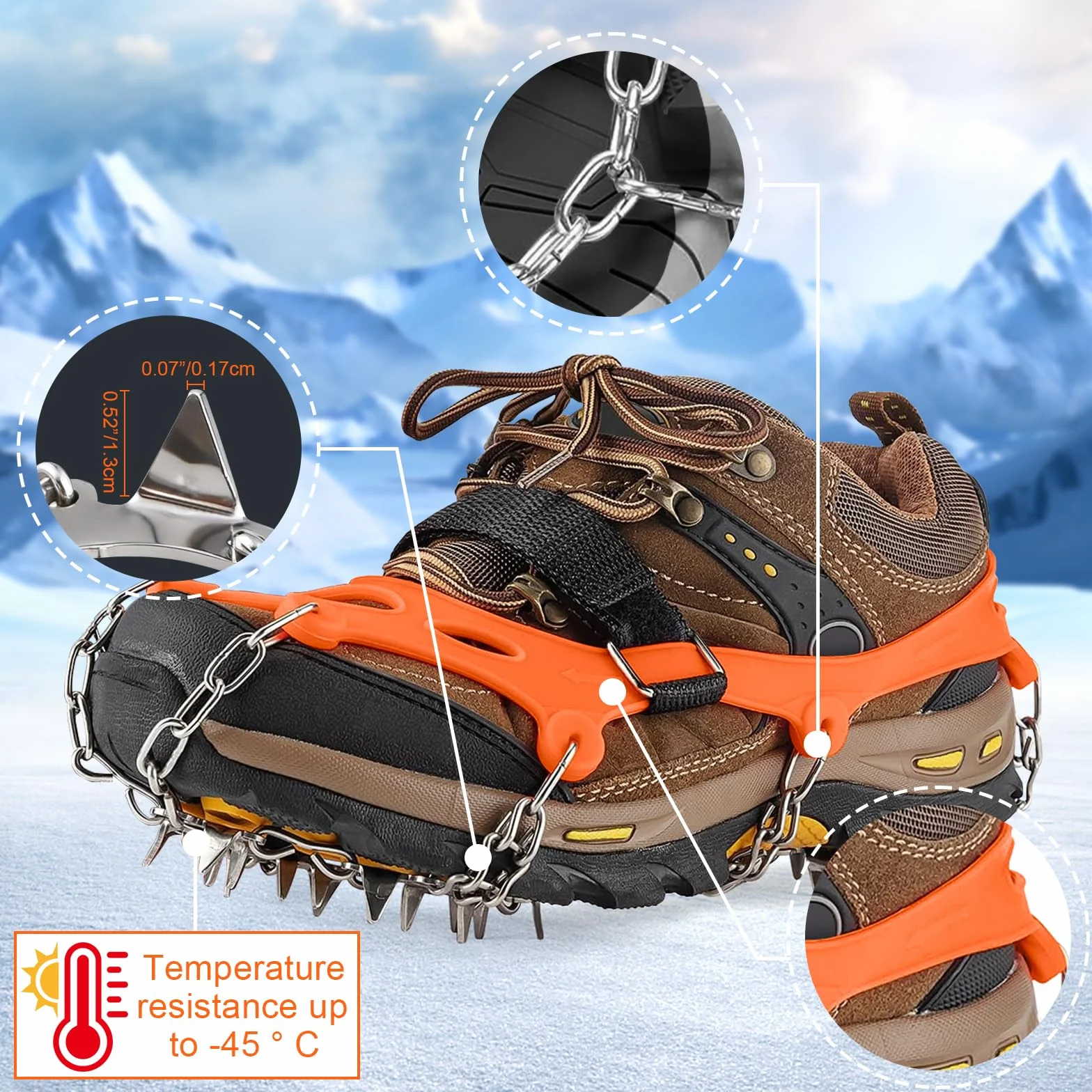 Crampons antidérapants pour Bottes de randonnée Neige Glace Traction 24 Pointes TPE Résistant Froid