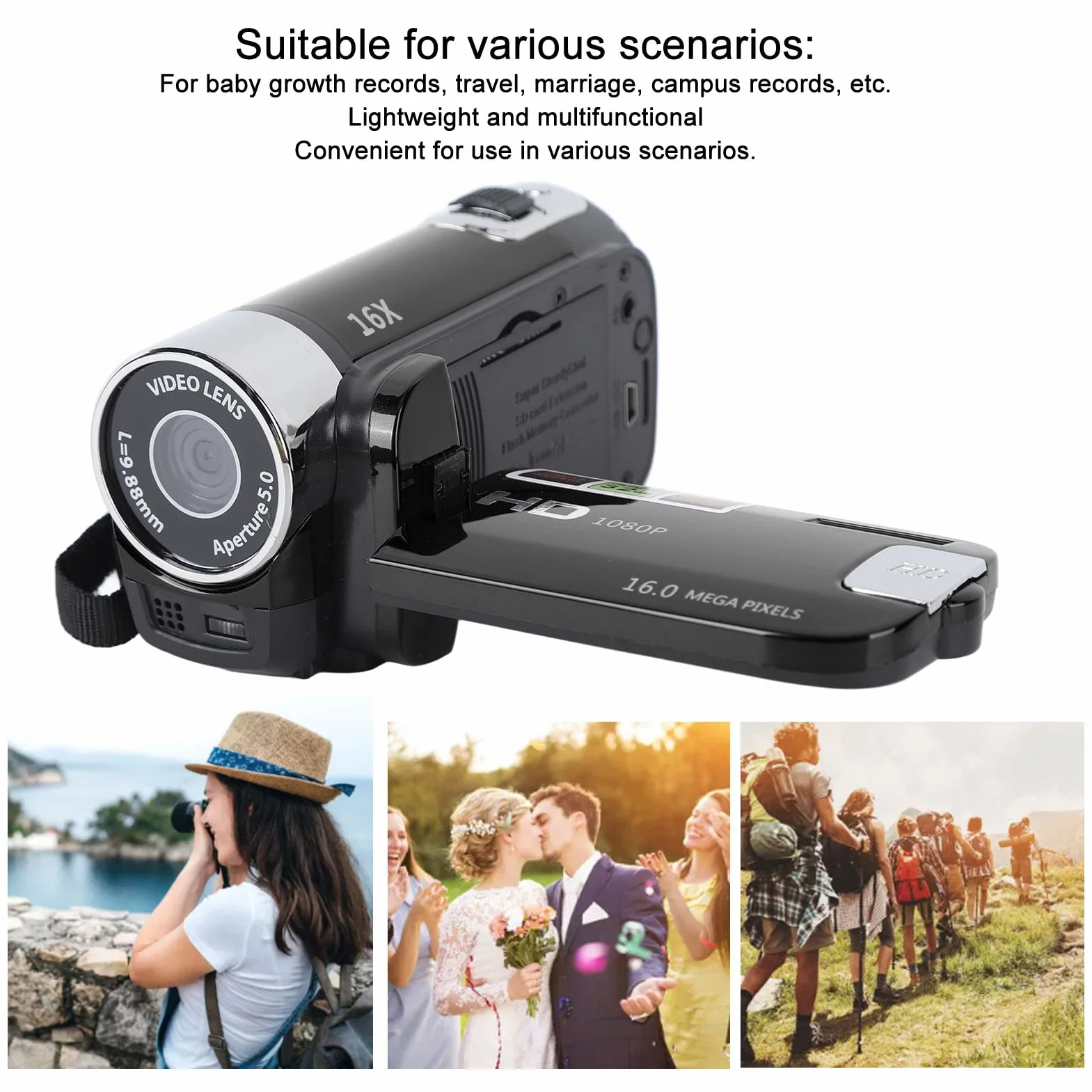 Caméscope Vidéo, Enregistreur de Caméra Vlogging Full HD 1080P 16MP avec écran Rotatif de 2,7 Pouces, Appareil Photo Numérique à Zoom Numérique 16x, pour Les Amis et la