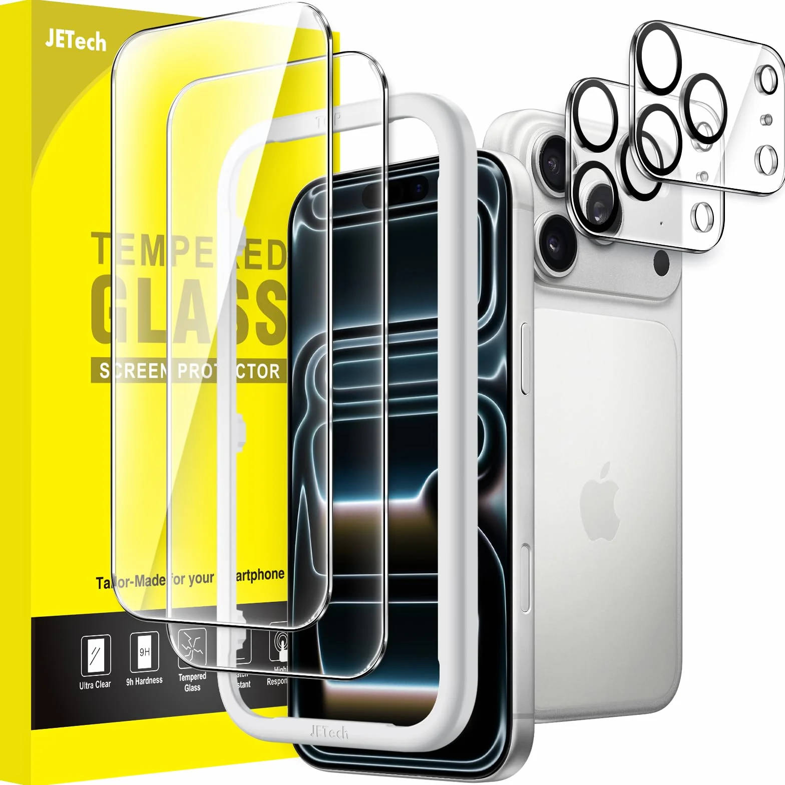 JETech Protection D'écran pour iPhone 17 Pro Max 6,9 Pouces avec Protecteur d'Objectif Caméra, Outil d'Installation Facile, un Film en Verre Trempé de Dureté 9H, HD Transparent, 2 Pièces Chacun
