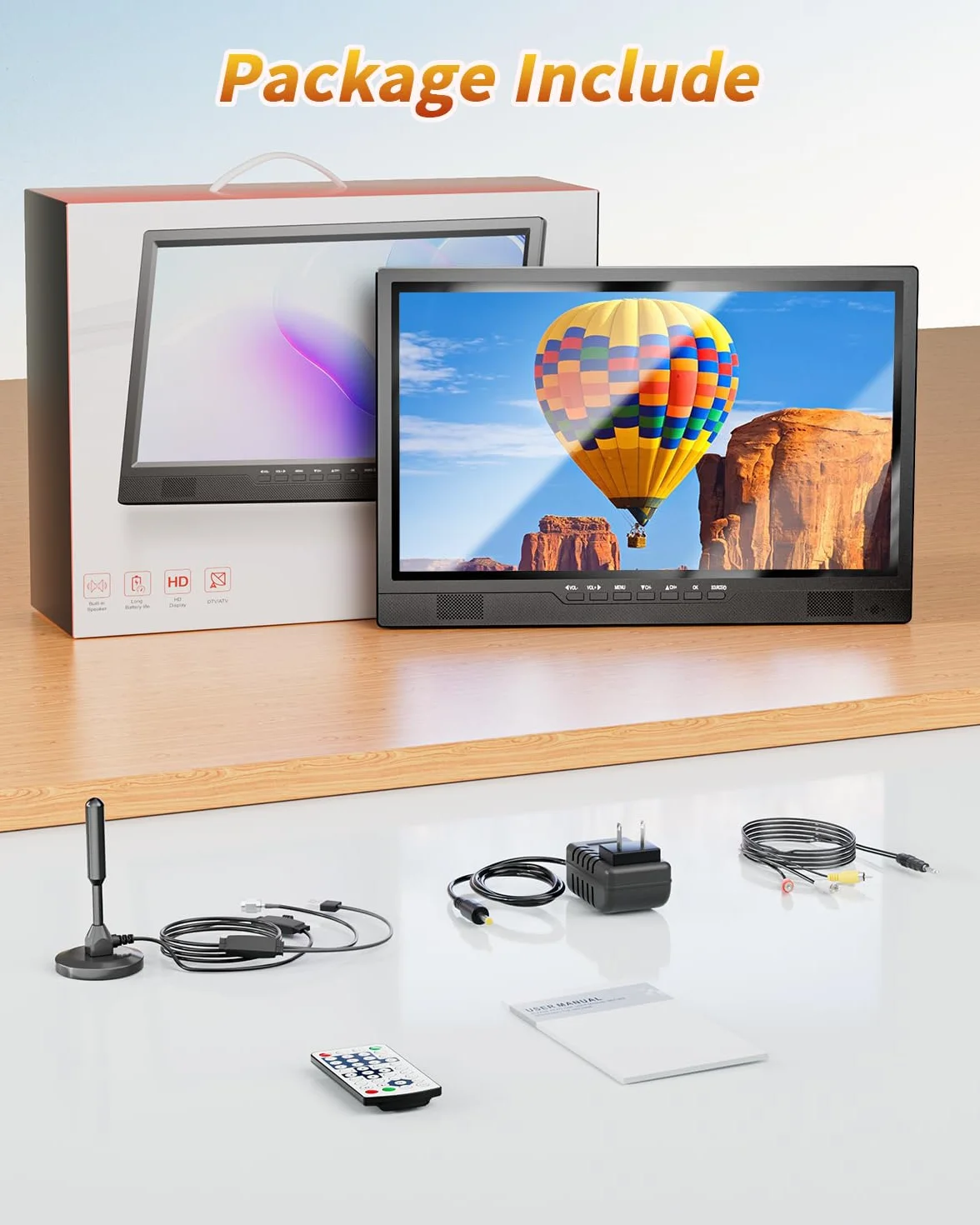 Desobry Téléviseur portable 19 pouces, petite tv 1080P avec batterie et support intégrée, Tuner numérique DVB-T2, HDMI AV USB, tv 12v pour camping car, VR, cuisine, chambre