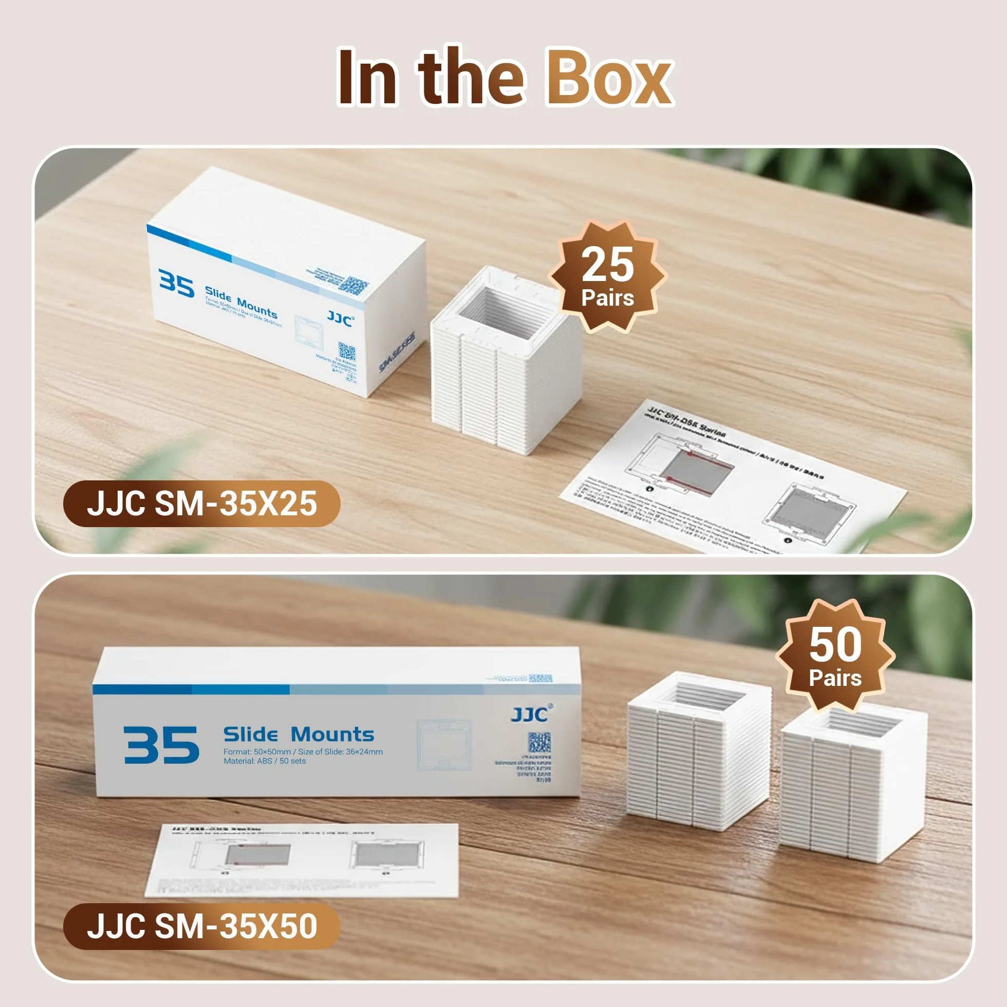 Porte-Diapositives JJC pour Film 35mm, Format 5cm X 5cm en Plastique ABS sans Verre Porte-négatif Photo, 50 Pièces