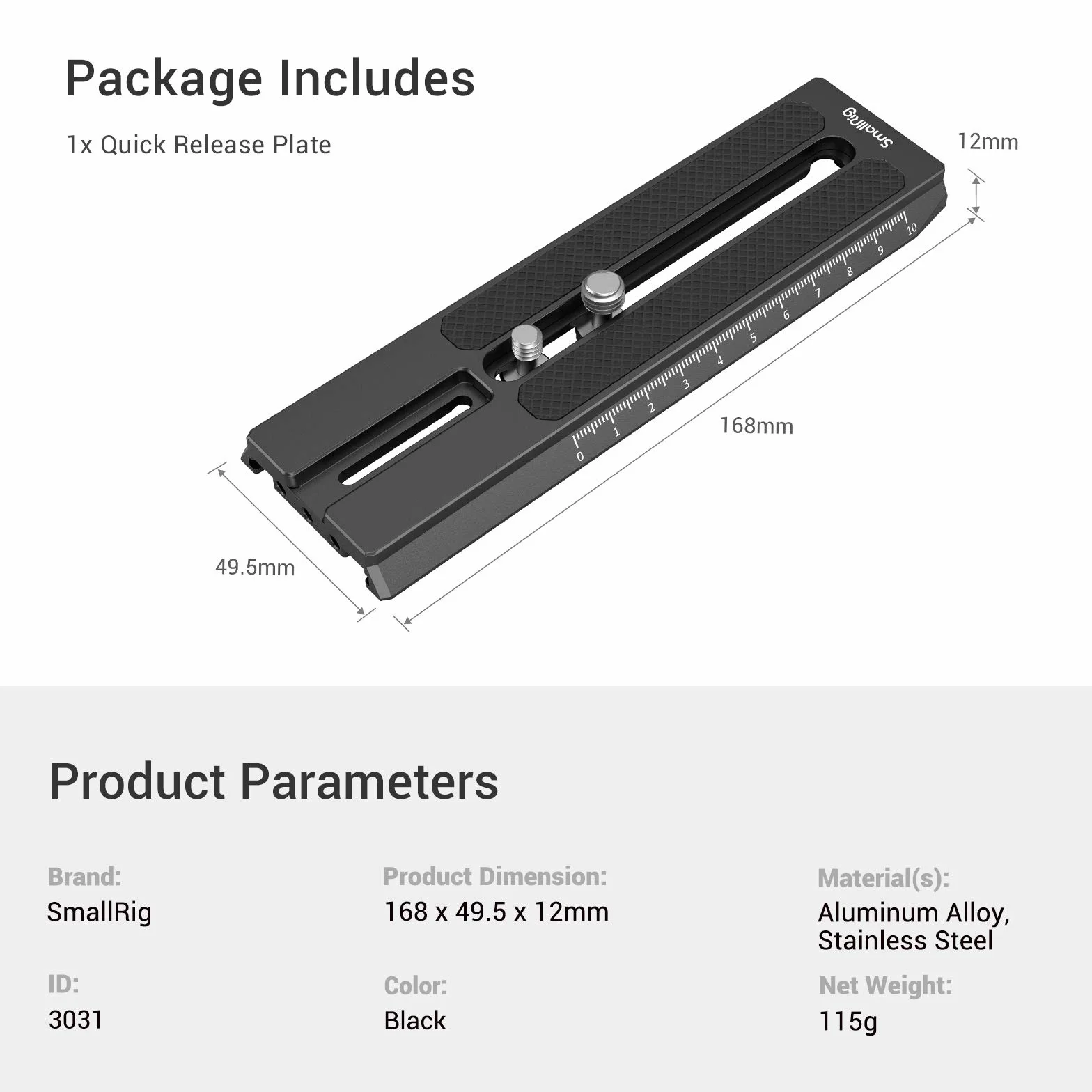 SMALLRIG Long Quick Release Plate pour DJI RS 4 / RS 4 Pro/RS 3 / RS 3 Pro/RS 2 et Ronin S - 3031B