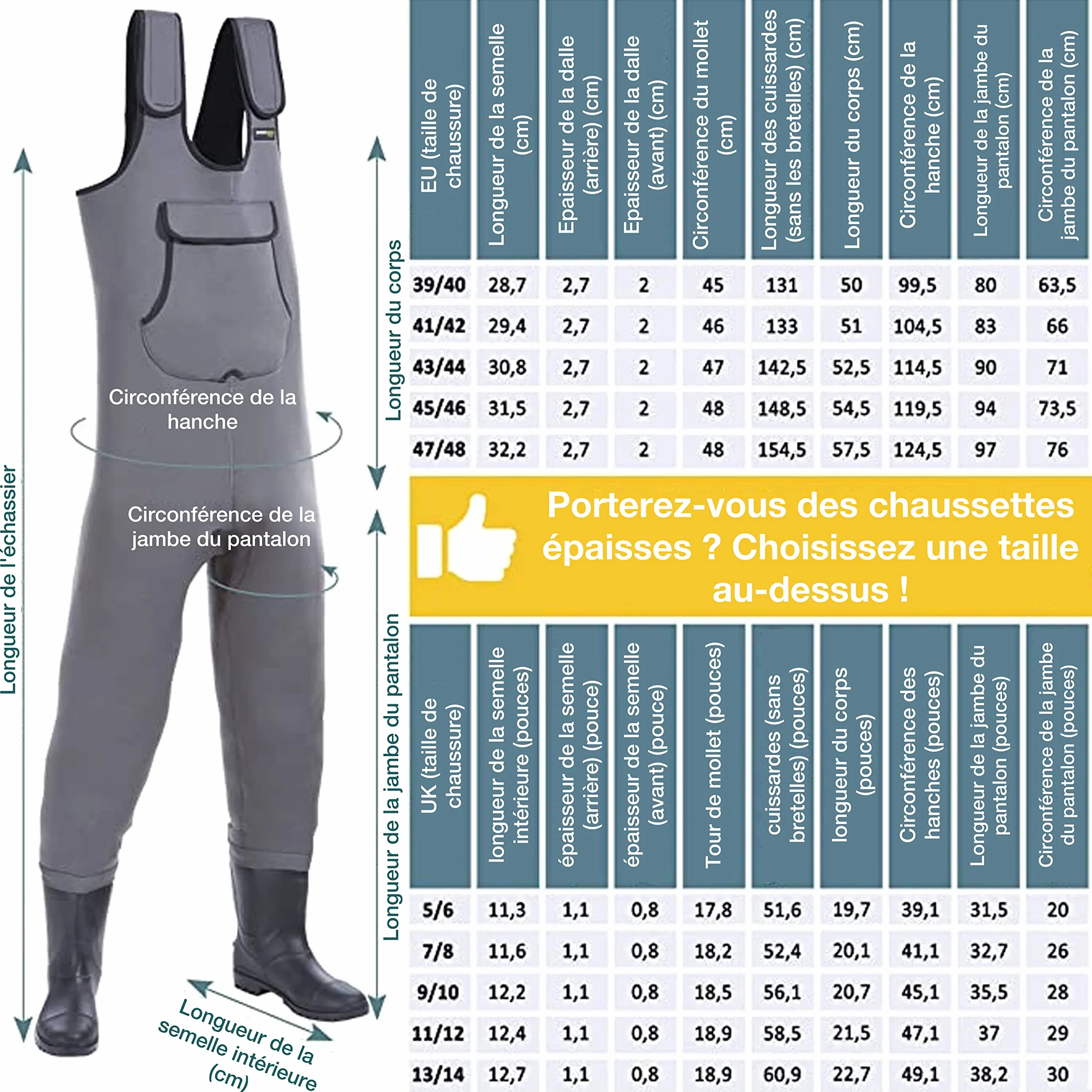 Cuissardes Néoprène Imperméables Waders Pêche Homme +1 Paire Chaussettes Thermiques