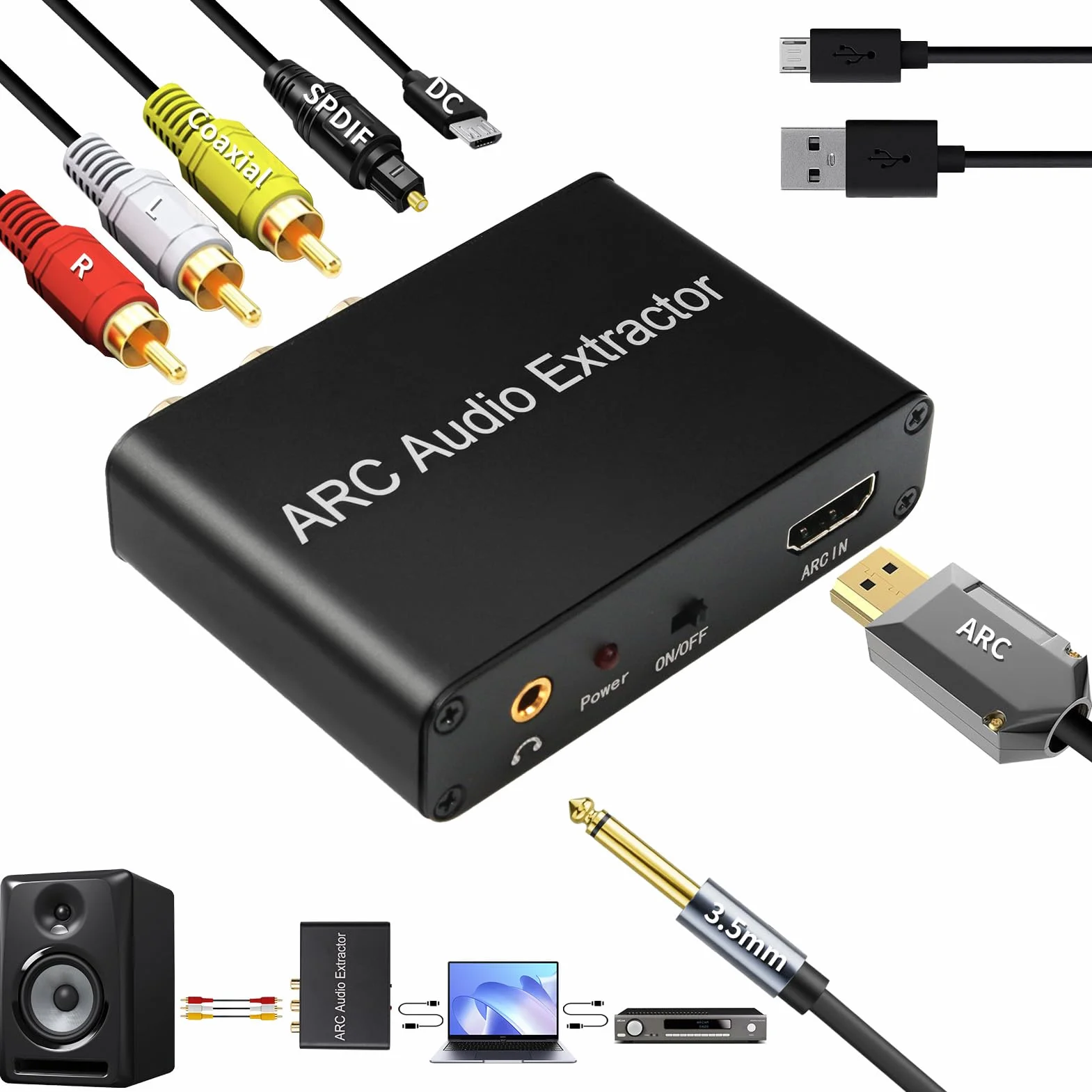 HDMI Audio Extractor 192 KHz Convertisseur DAC HDMI ARC Audio Extracteur vers Optical Toslink SPDIF Coaxial Stéréo Aux RCA L/R 3,5 mm Jack pour TV Casque Soundbar Home Cinéma