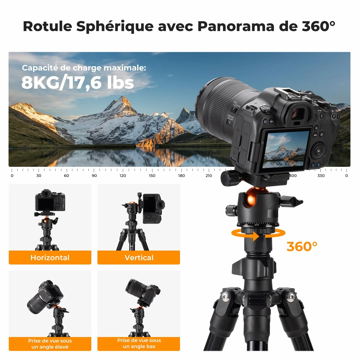 K&F CONCEPT Trépied d'appareil Photo et Smartphone avec Bras d'extension 195cm, Aluminium léger et Compact, Compatible avec Canon Nikon Sony DSLR iPhone Samsung, Tête sphérique à 360°, 8kg Charge Max