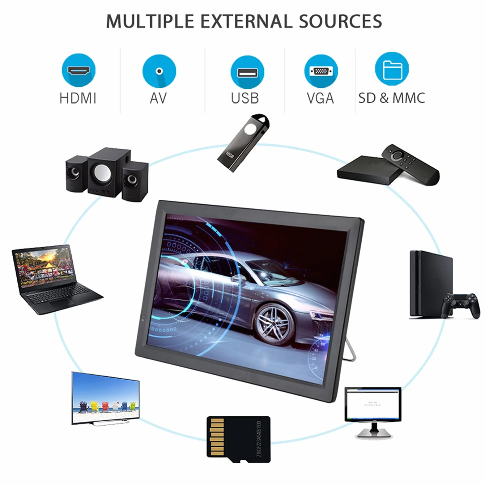 ASHATA Téléviseur Numérique pour Voiture LCD 14 Pouces,Mini-téléviseur Numérique HD 1080P avec 2 Haut-parleurs Stéréo,Téléviseur Portable avec Tuner Haute Sensibilité/Plusieurs Sources Externes