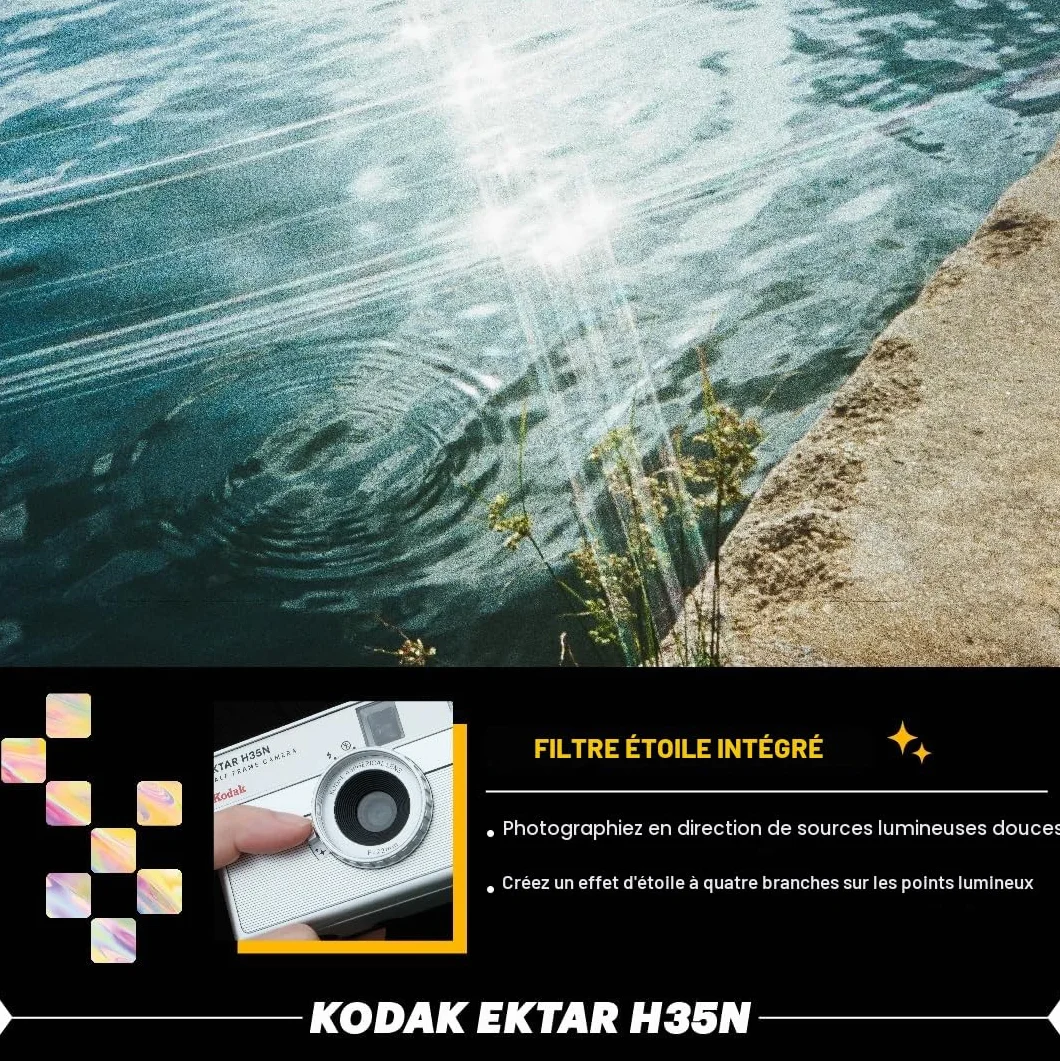 Kodak EKTAR H35N Appareil Photo Demi-Cadre, 35 mm, réutilisable, sans Mise au Point, Fonction Ampoule, Filtre étoile intégré, Objectif amélioré (Film et Pile AAA Non incluses) (Vert rayé)