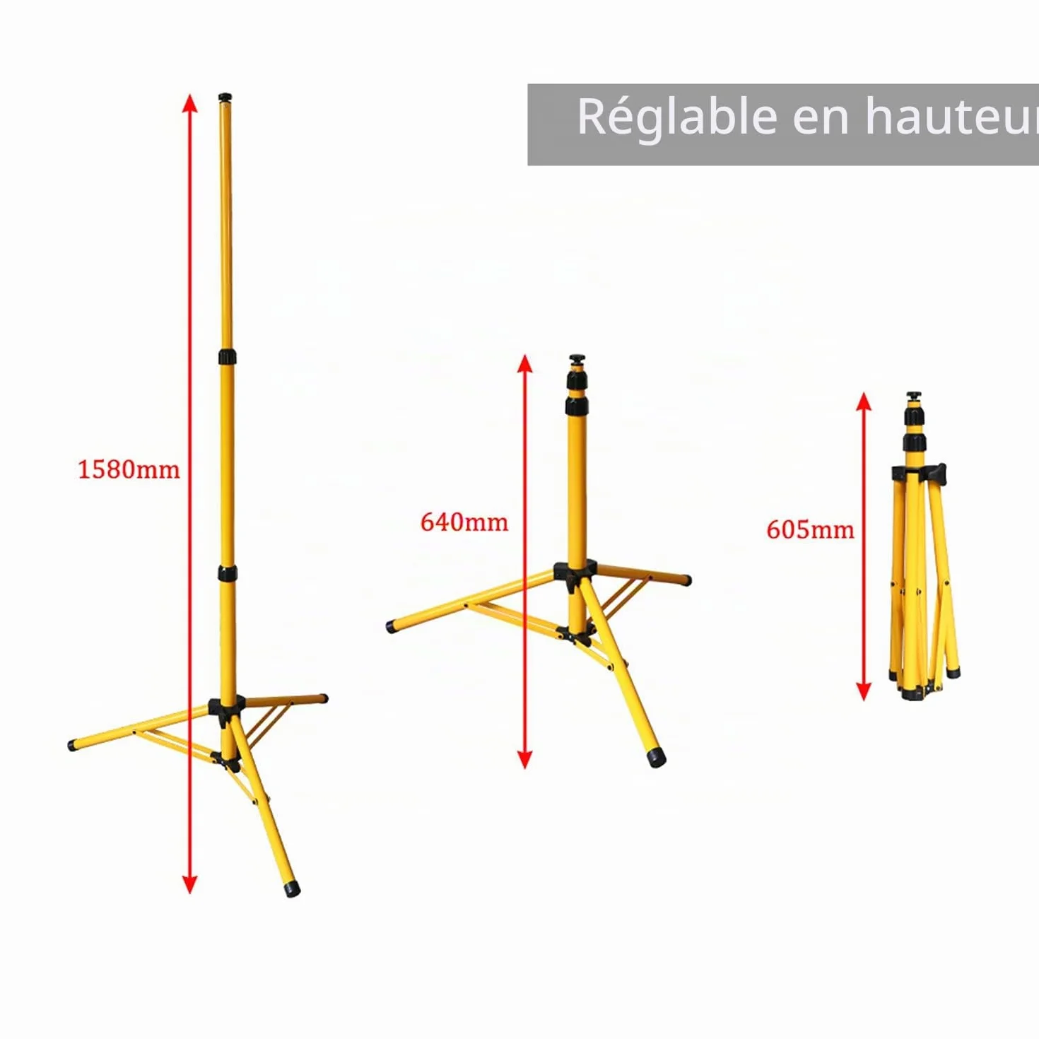 Trépied de chantier télescopique LED acier hauteur réglable 1,60 m