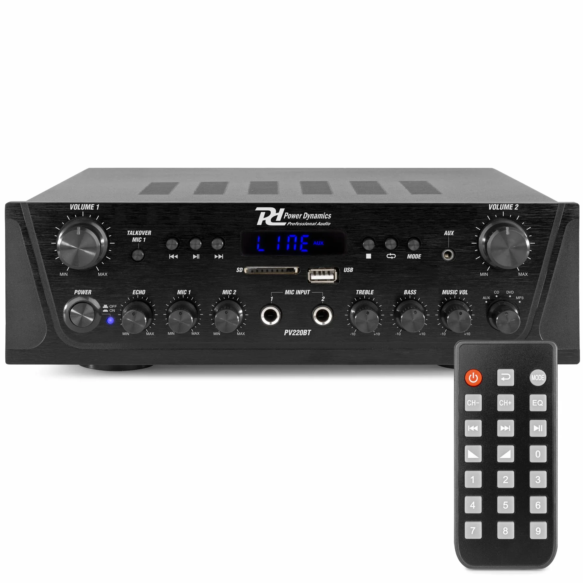 Power Dynamics PV220BT Amplificateur Audio Bluetooth 2x100W 2 Zones Lecteur MP3 USB/SD Radio FM Entrées RCA AUX Télécommande