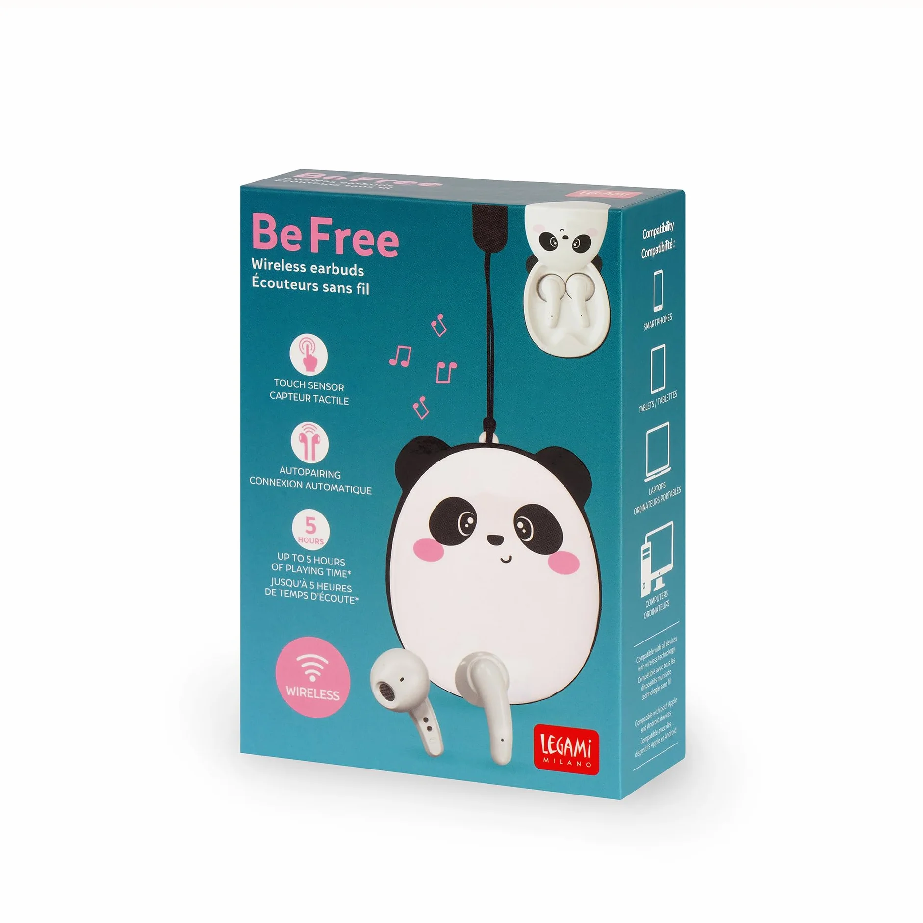 LEGAMI - Écouteurs Bluetooth, Thème Panda, Casque sans Fil, Connexion Automatique iOS et Android, Double Microphone Intégré, Capteur Tactile, Câble de Chargement Inclus