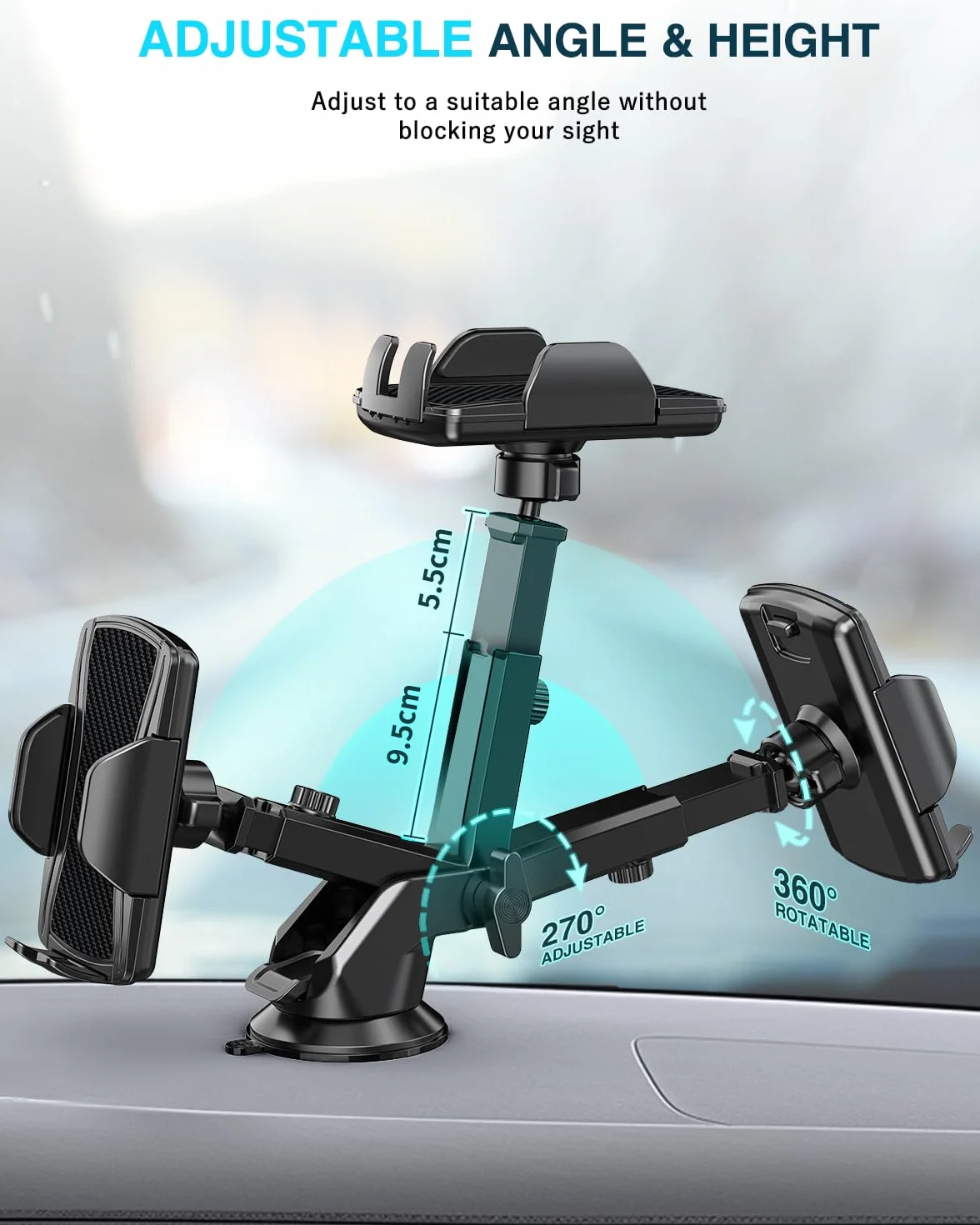 Hoppac Support Telephone Voiture, Porte Téléphone Voiture Tableau de Bord et Voiture Pare-Brise, 360 Degrés Rotation, Un Bouton de Libération, pour 4-7 in Smartphone