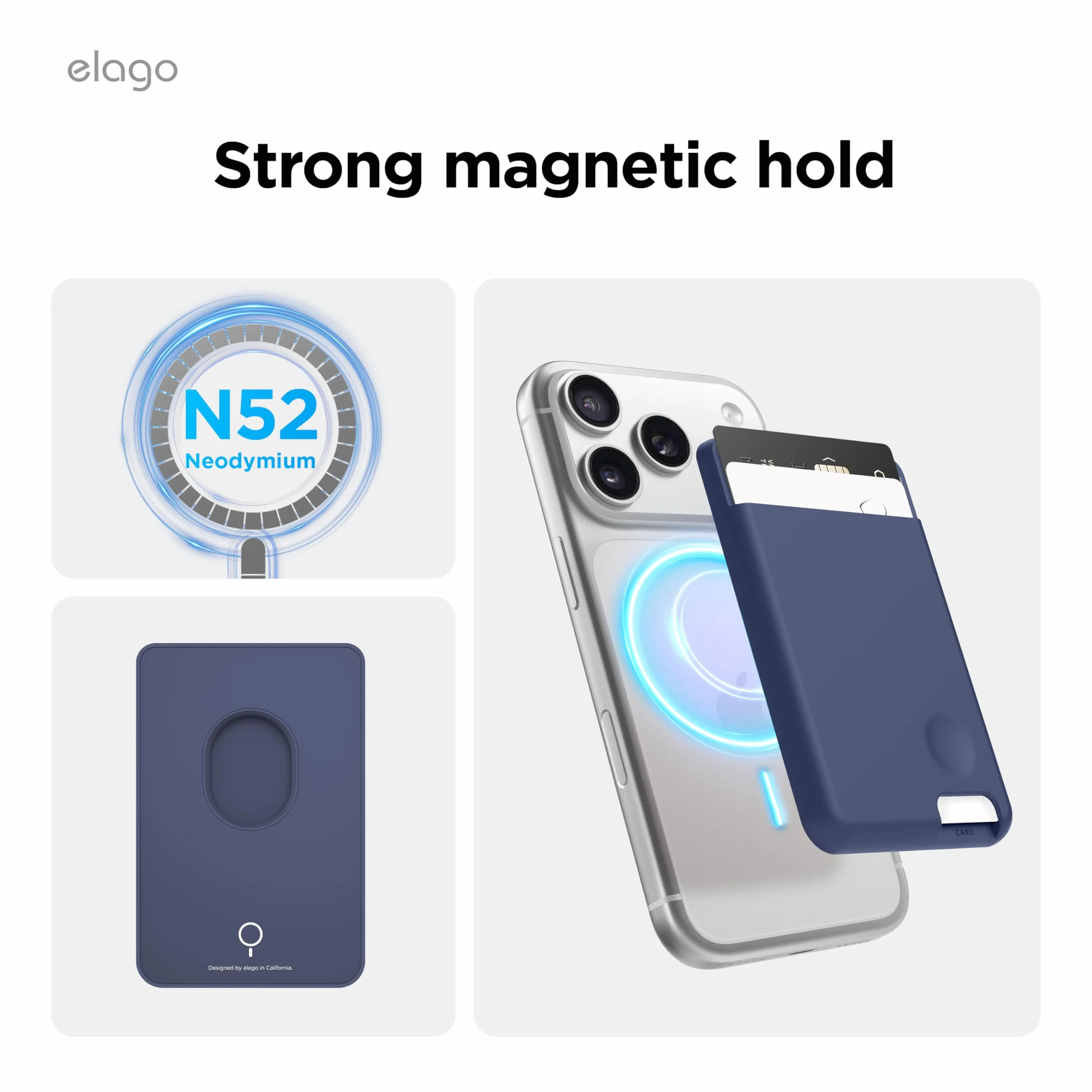 elago Porte Cartes Magnétique 2 Cartes Compatible MagSafe iPhone 16/15/14/13/12 Séries Portefeuille Téléphone Bleu