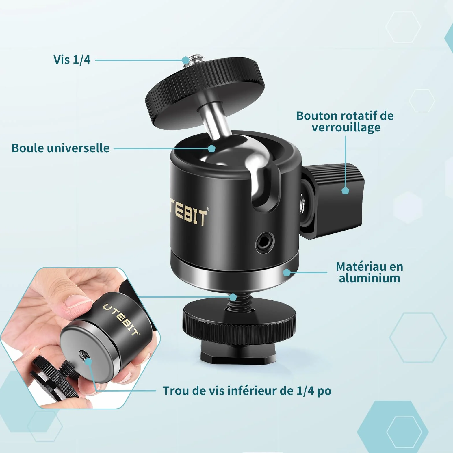 UTEBIT Mini Rotule Photo, Rotule de Fixation Pivotante 360 Noir pour Appareil Photo/Micro/Flash, Adaptateur Support pour Monopode, Trepied