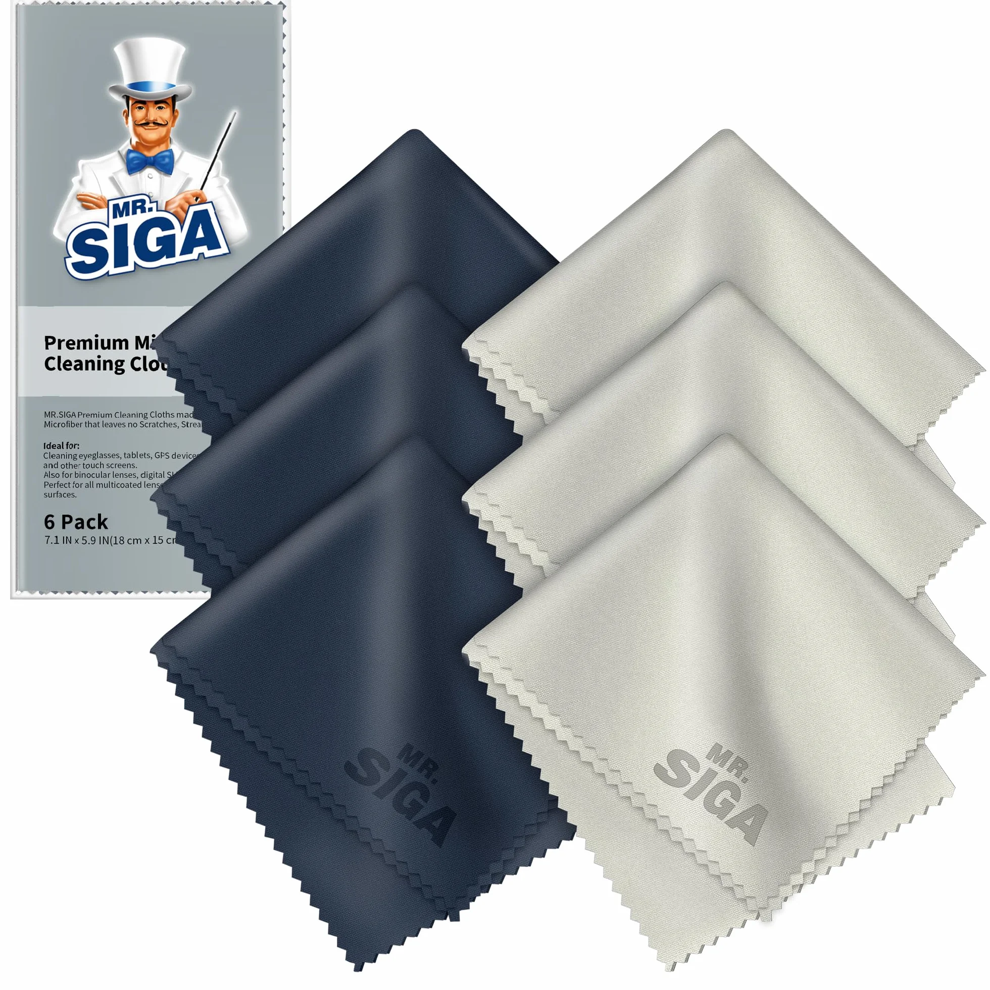 MR.SIGA Chiffons de Nettoyage, Lot de 6, en Microfibre Surchoix pour Lentilles, Lunettes, Ecrans, Tablettes, Glasse, 6 x 7 Pouces (15 x 18 cm), Marine/Gris