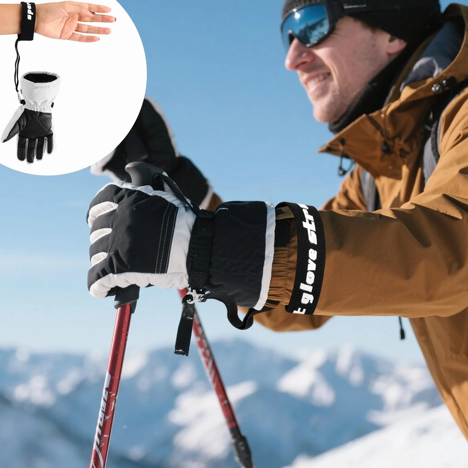 Gants Sport Sangles Sécurité Élastique avec Pinces Métalliques Anti-Perte pour Ski Snowboard Alpinisme
