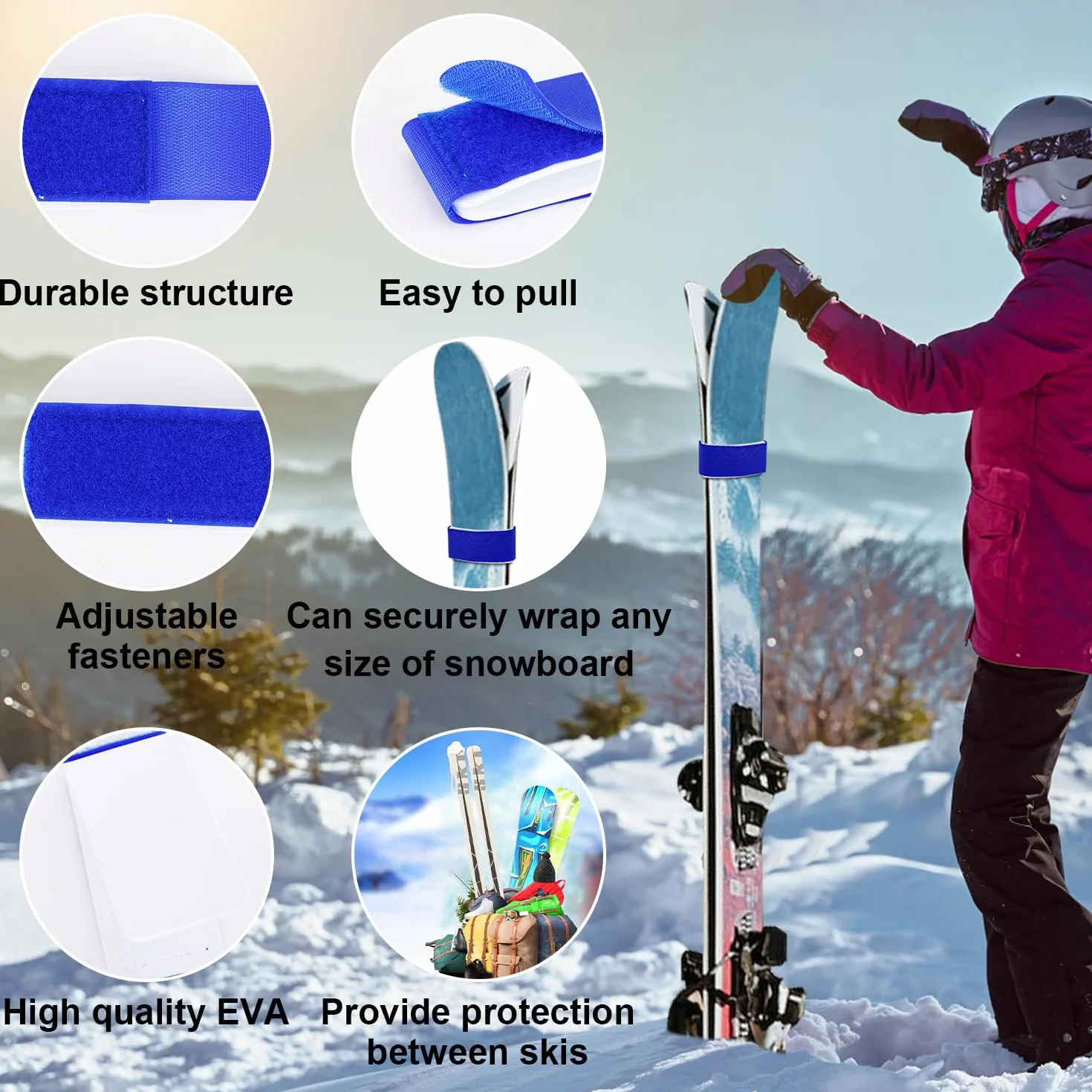 Sangles de Ski réglables 10 pièces, Attaches EVA, Ruban de Fixation (Bleu, Rose, Rouge, Orange, Jaune, Vert)