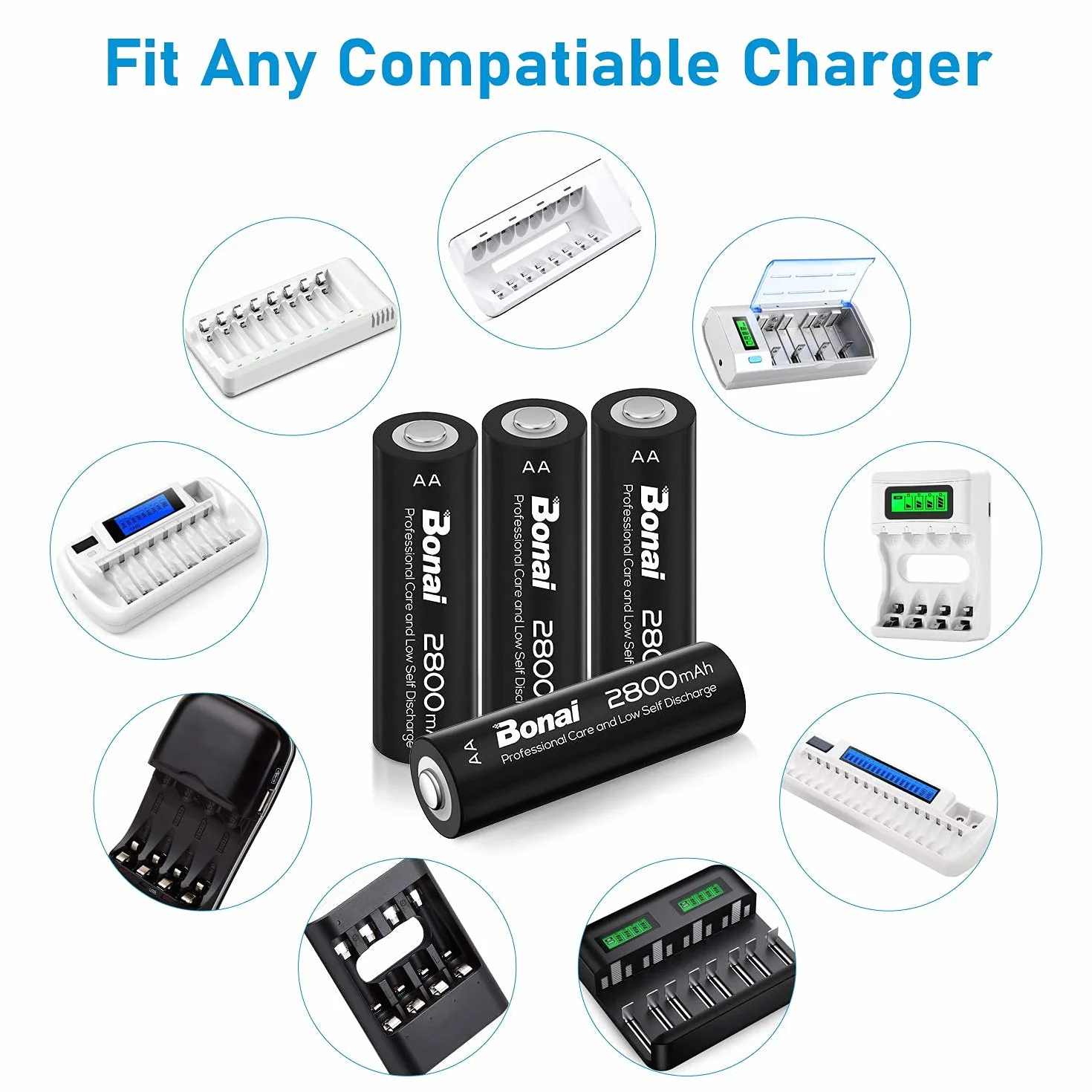 BONAI Piles Rechargeables AA 2800mAh 1.2V Ni-MH Lot de 24 Haute Capacité