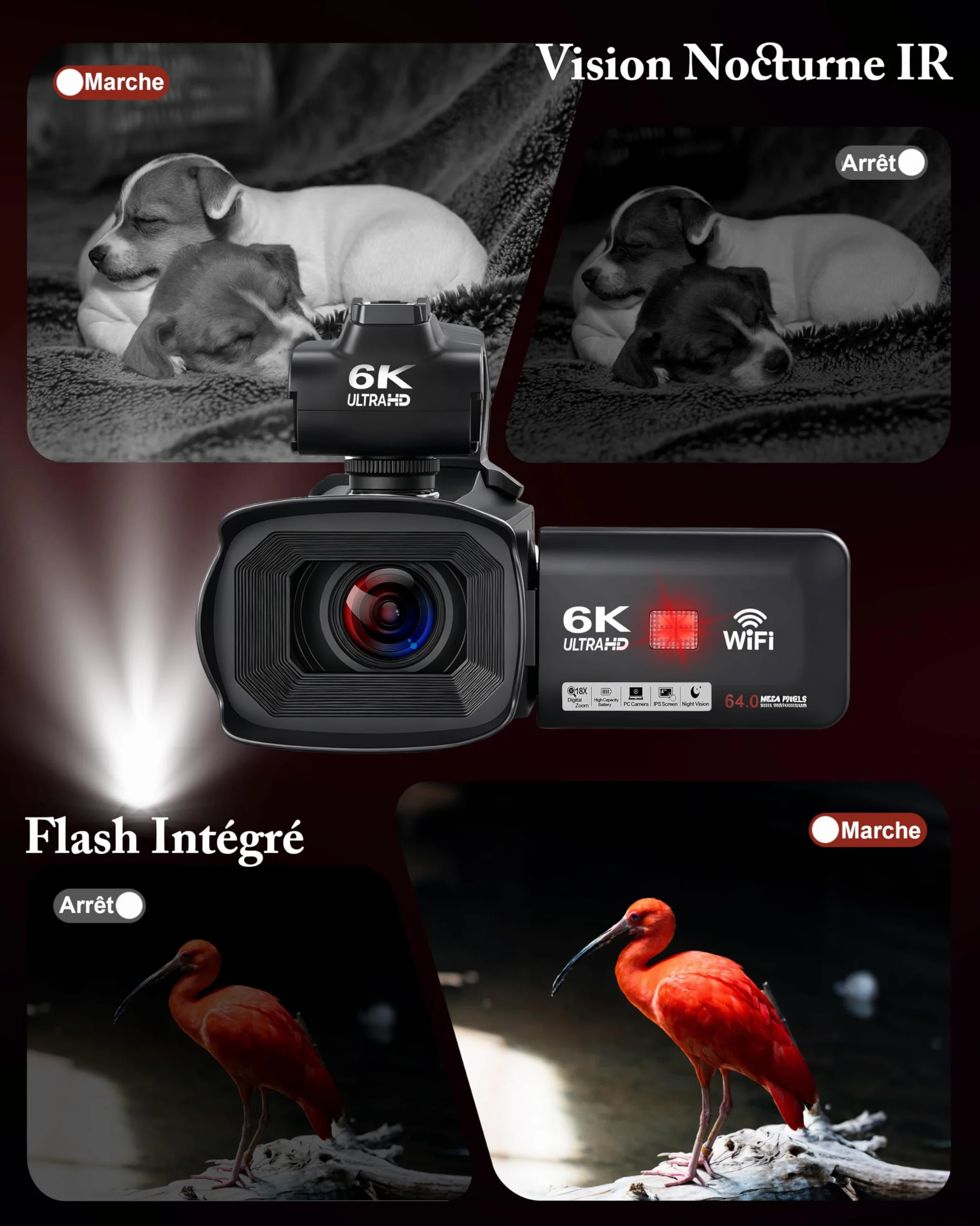 Caméscope 6K 64MP WiFi Vision Nocturne Infrarouge 18X Zoom Numérique avec Pile 4500mAh, Carte SD 64 Go