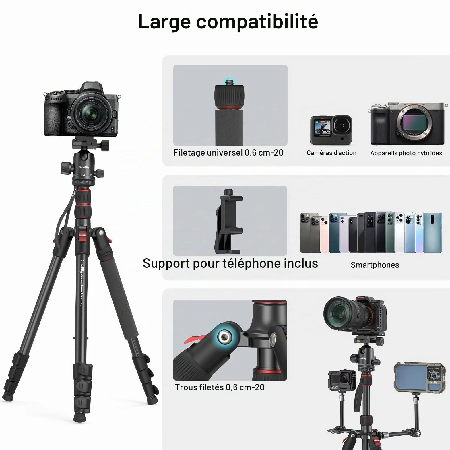 SMALLRIG Trépied Monopode pour Appareil Photo, 72" 182cm Trépied en Aluminium Léger et Portable, Rotule Panoramique à 360° Plaque à Dégagement Rapide, Charge Max 15kg, Réglable de 17" à 72" - 3935