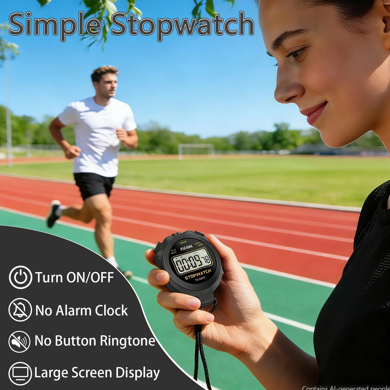 Chronometre Sport Numerique Noir avec Bouton Marche/Arret et Fonction Silencieux