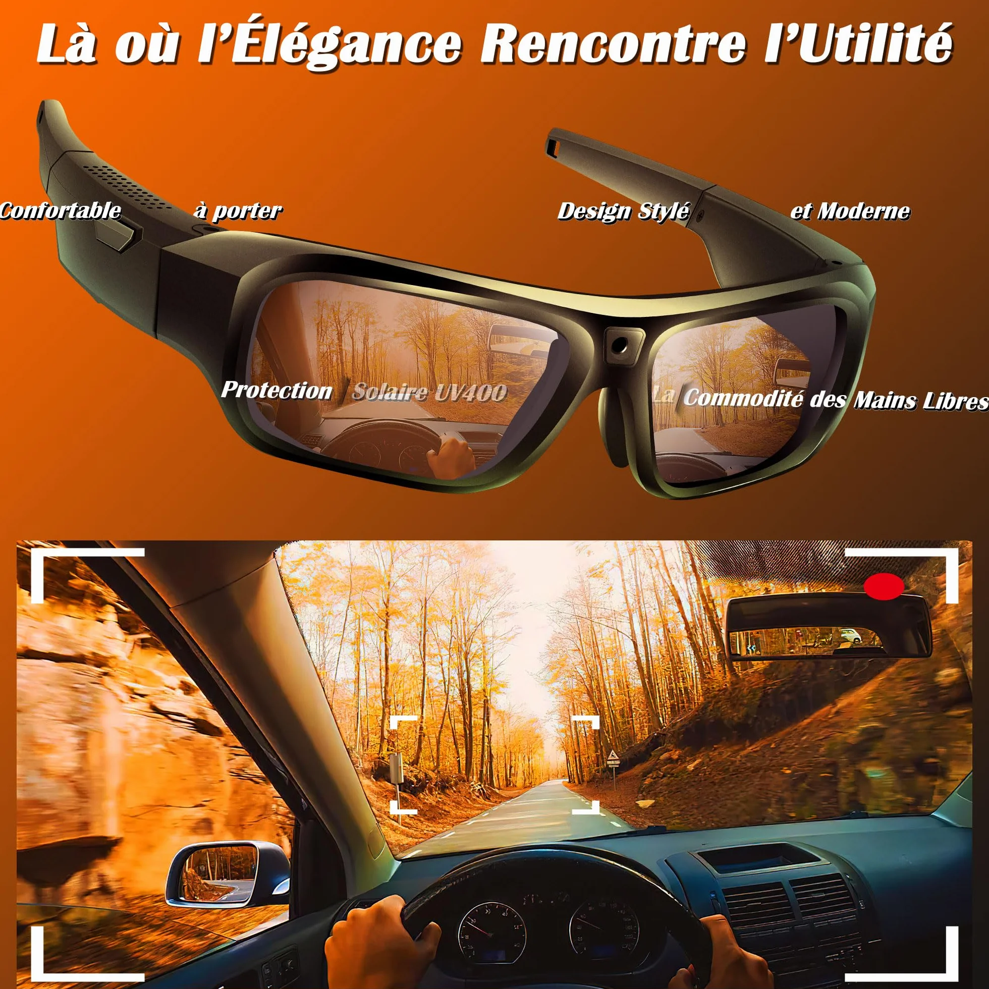 Lunettes avec Caméra 4K, Innovantes High-Tech Lunettes Camera de Sport pour l'extérieur, Lunettes de Soleil Vidéo avec Protection UV400, Support Photo/Vidéo, Opération à une Touche
