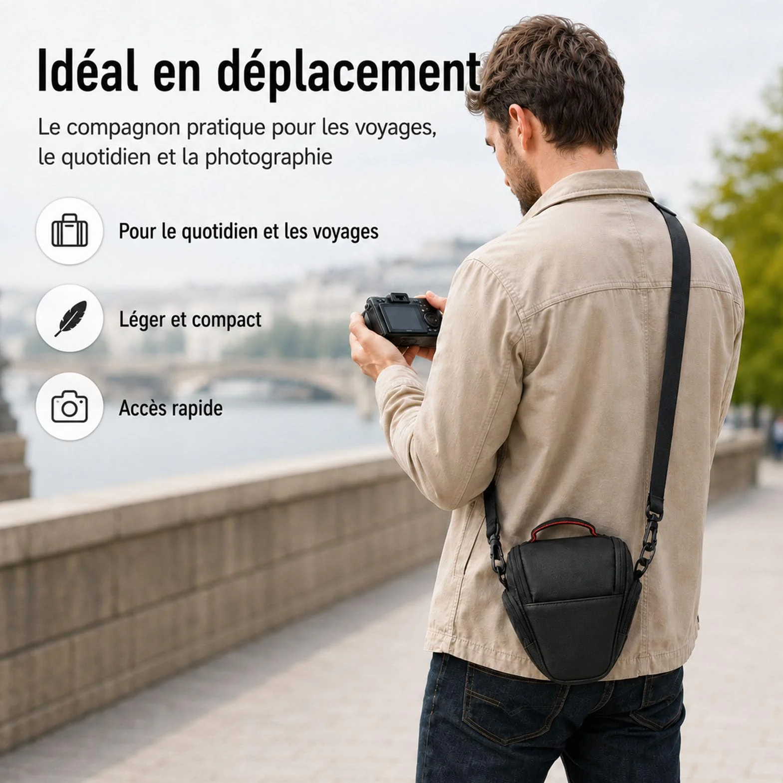 Sac Appareil Photo Noir 21x18x11 cm Sacoche Compacte pour Hybride Numérique Reflex DSLR SLR Bandoulière Amovible Réglable
