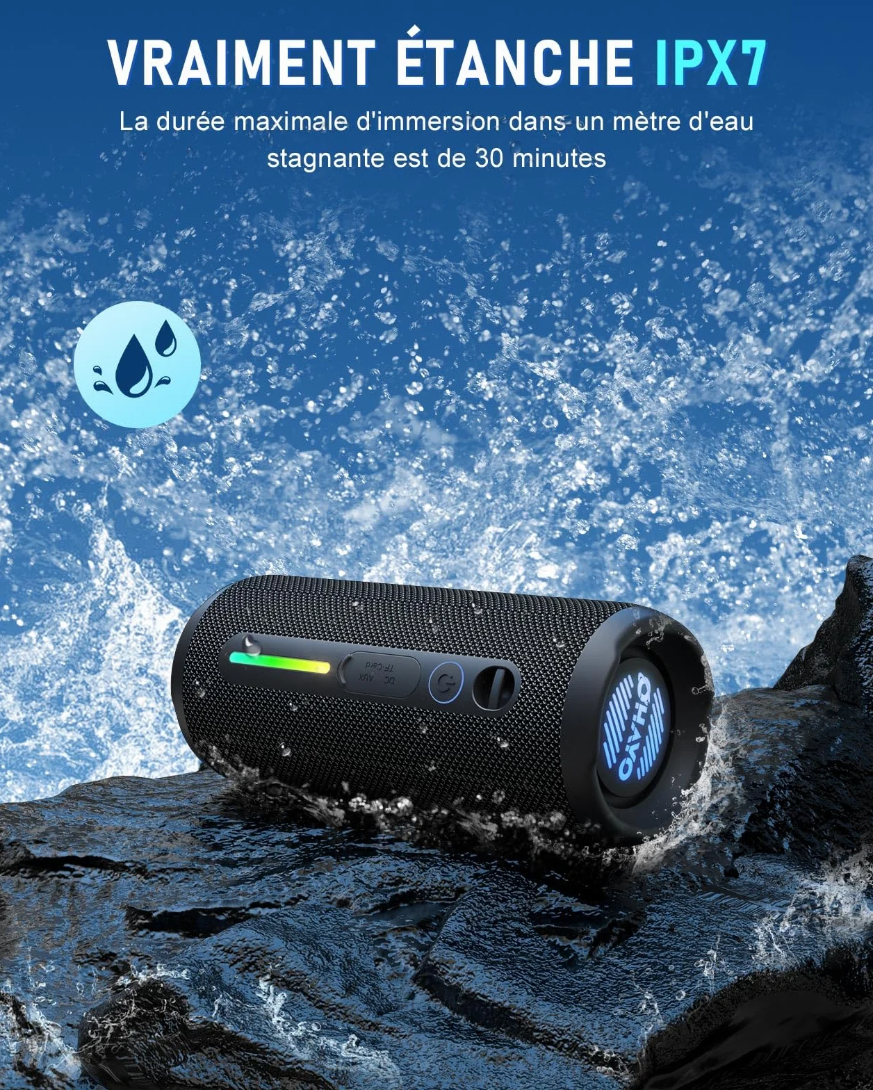 OHAYO Enceinte Bluetooth Puissante 24W IPX7 Étanche 30h Autonomie Bass Boost Portable