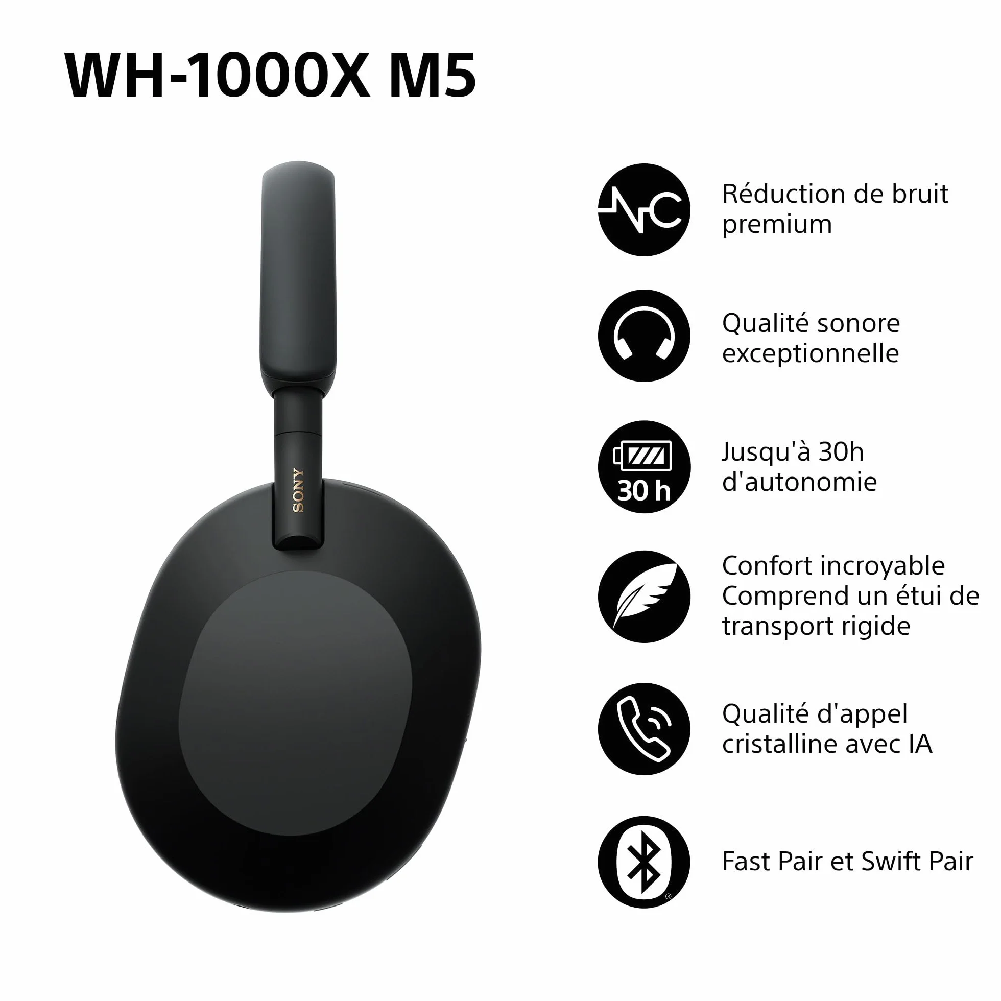 Sony WH-1000XM5 - Étui Rigide, Casque sans Fil Haut de Gamme à réduction de Bruit, Bluetooth, qualité d'appel Claire, Audio Hi Res, 30h d'autonomie, étui Rigide, iOS et Android - Noir