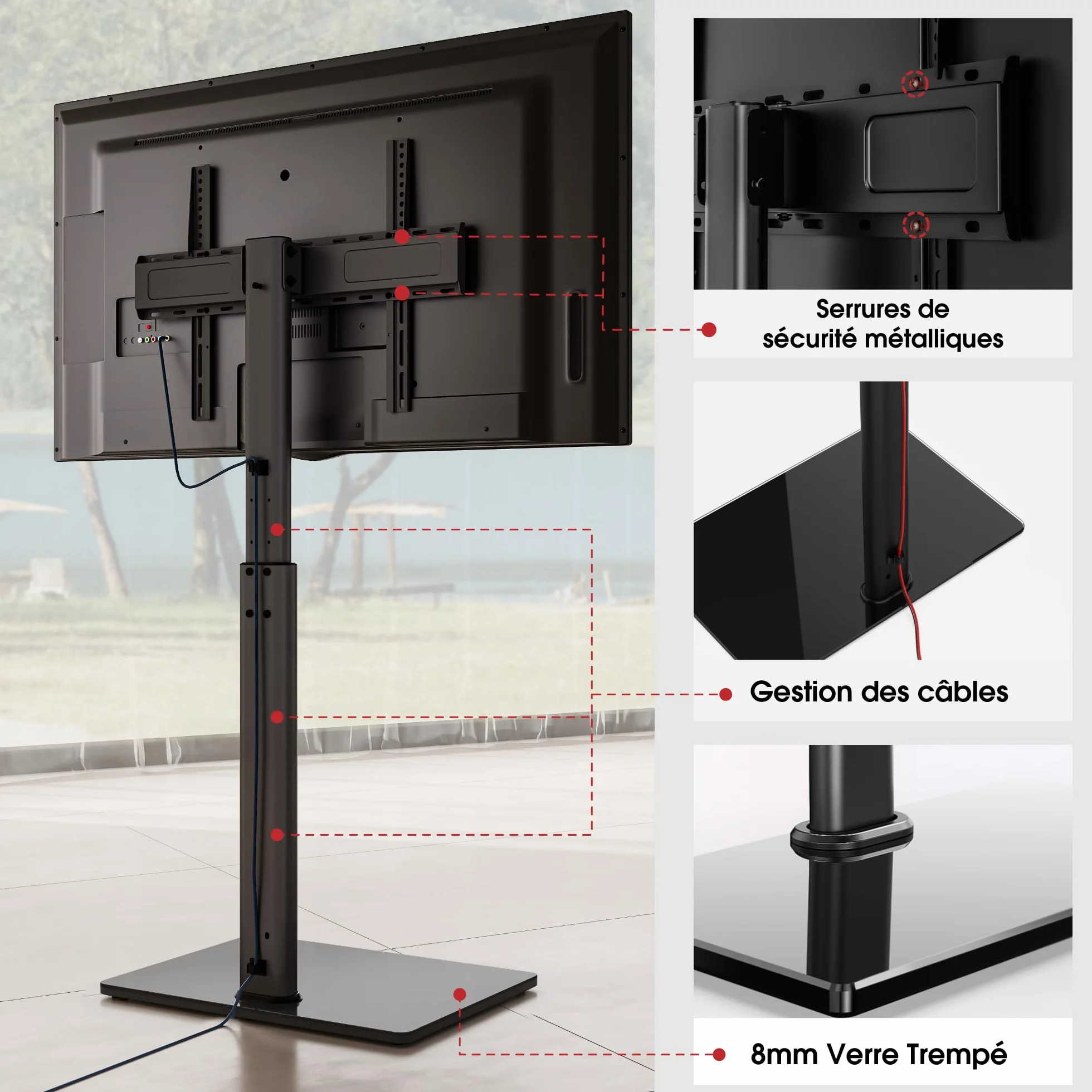 AOKCOS Support TV sur Pied Plus Haut 1,6m pour 43-85 Pouces,Pied pour TV Pivotant 50° Inclinable 12° Hauteur Réglable Max VESA 600x400mm Max Capacité 50 KG (Noir)