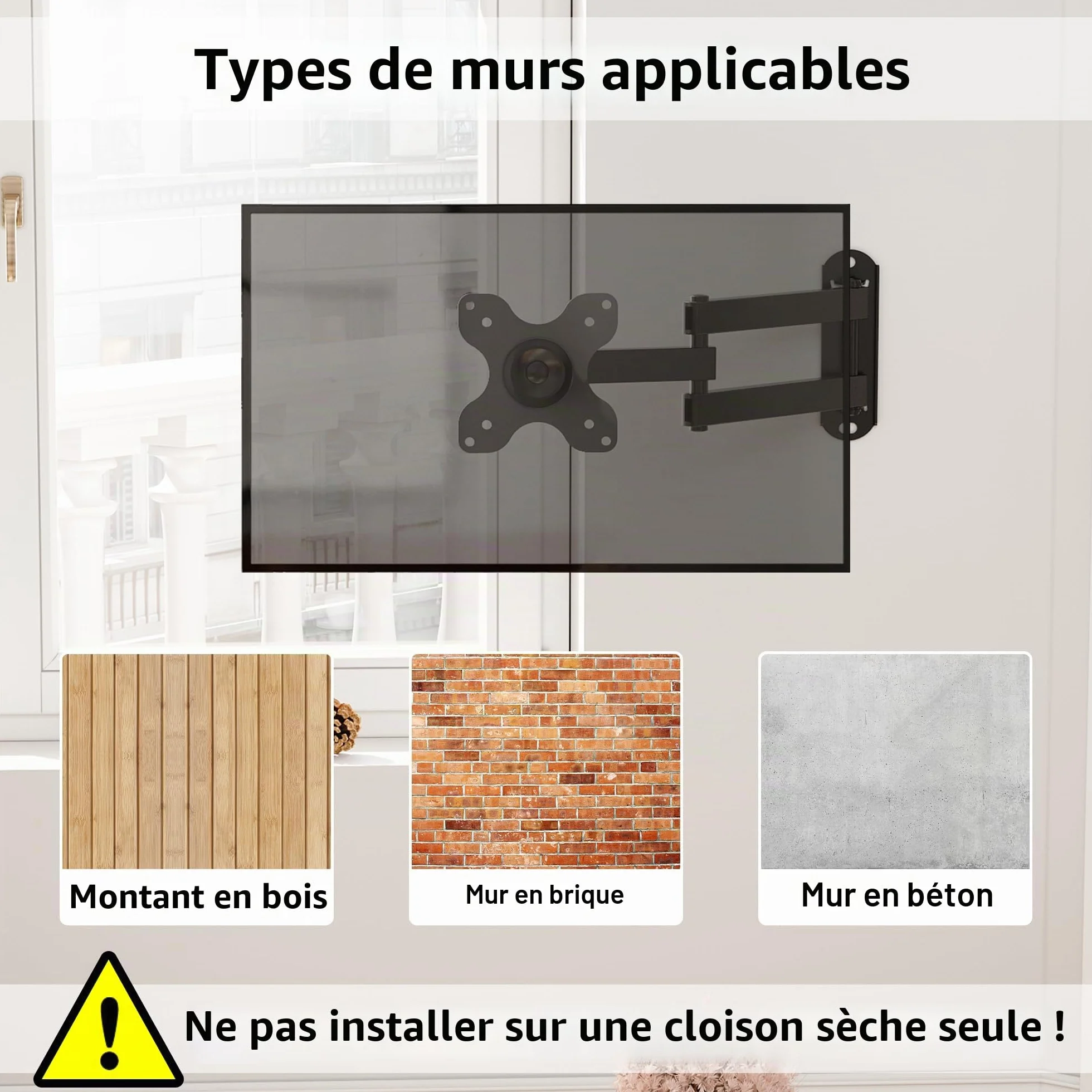 BONTEC Support TV Mural Orientable et Inclinable Universel pour Télévision et Moniteur 13-30 Pouces, Fixation Murale VESA 75x75/100x100mm, Charge Max 15kg, Extension 38.2cm, Facile à Installer