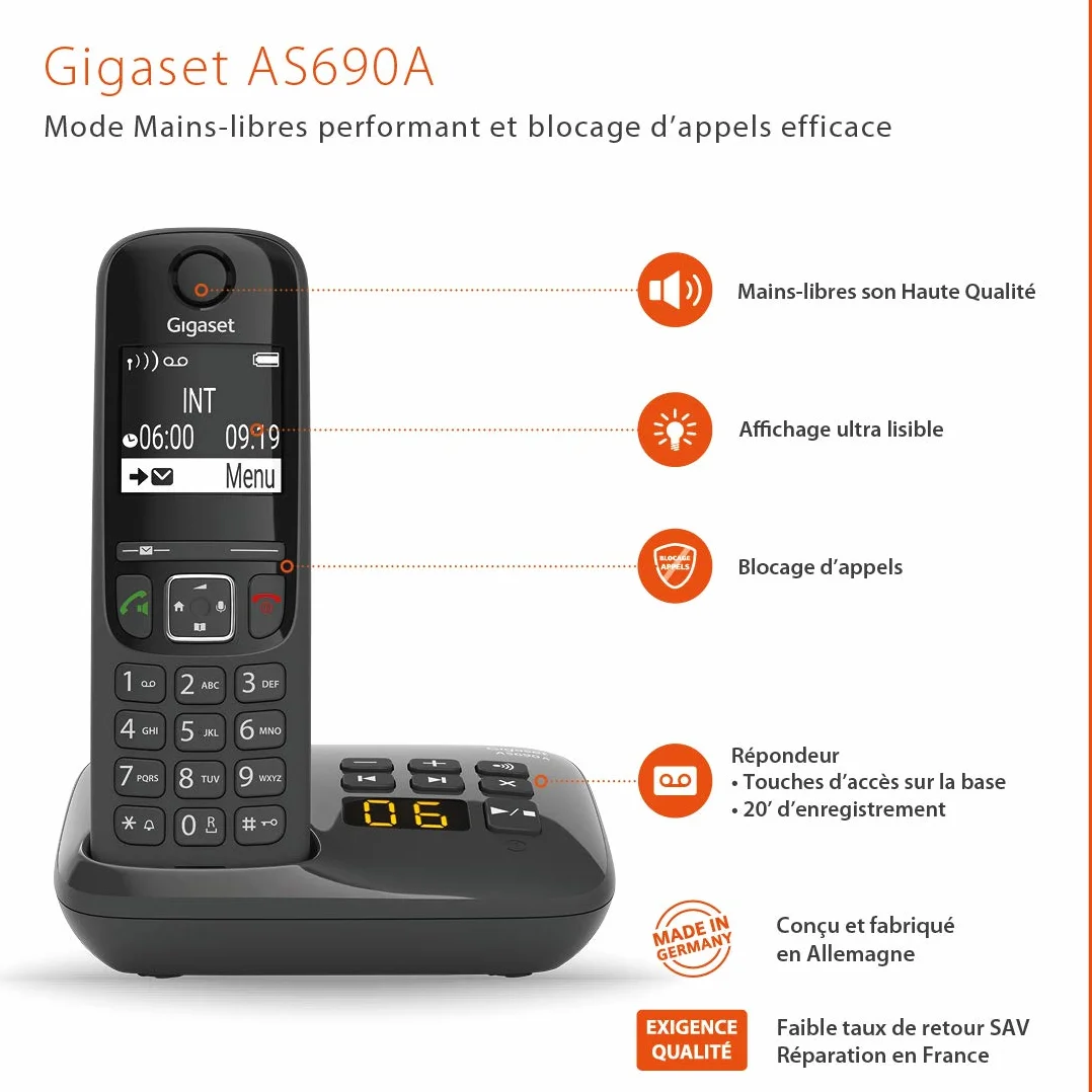Gigaset AS690A Duo Téléphone fixe sans fil avec répondeur 2 combinés Noir