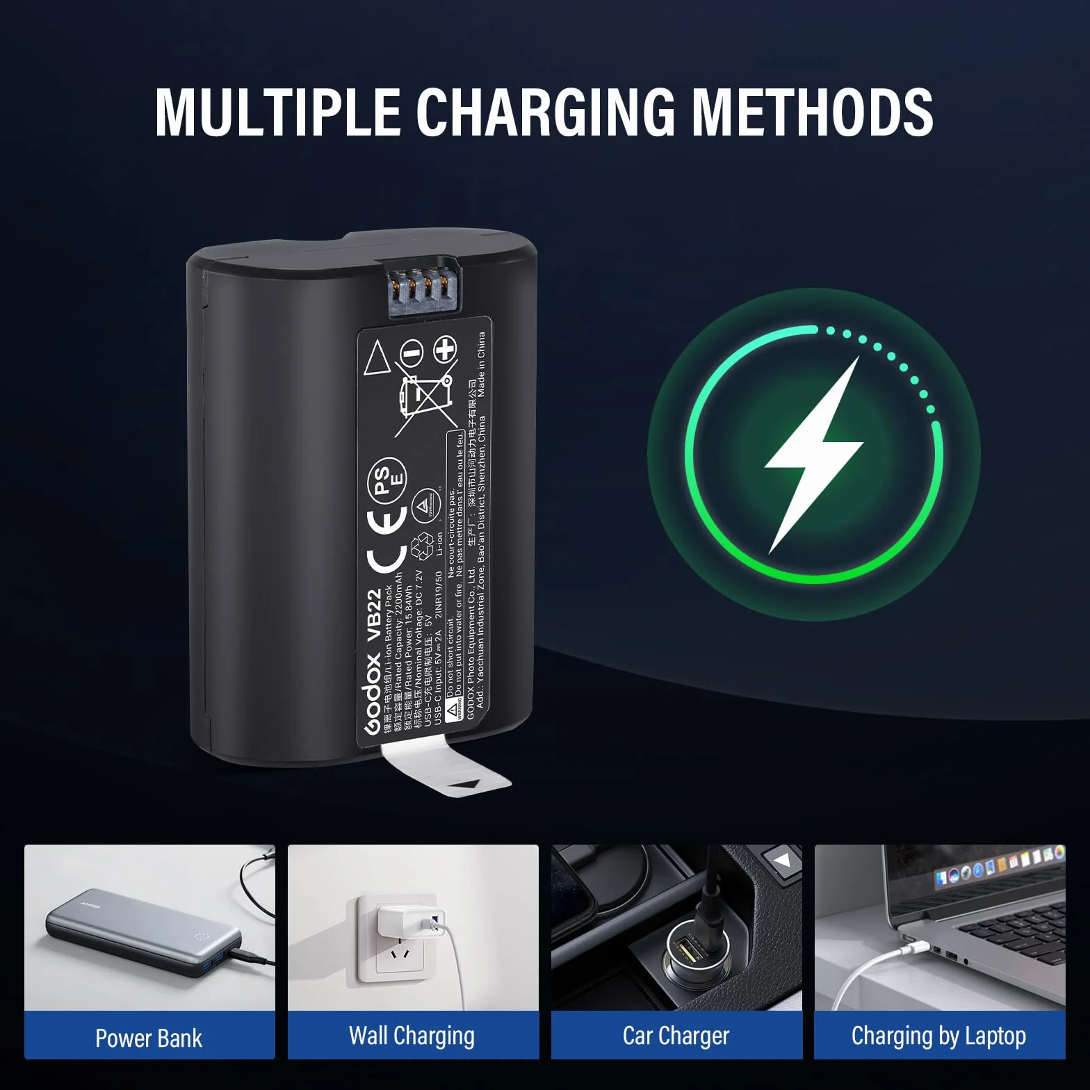 Godox VB22 Batterie Lithium Battery 7,2 V 2200 mAh Compatible avec Les Flashs D'appareil Photo V480 et V350