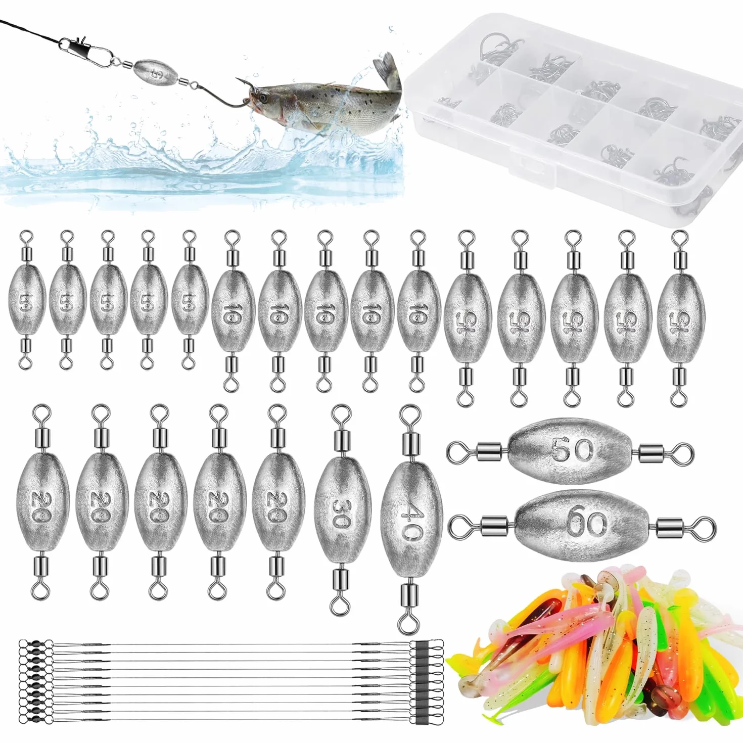 134 Pièces Plomb Pêche Mer Carpe en Forme d'Olive avec Émerillon Set Poids 5-60g
