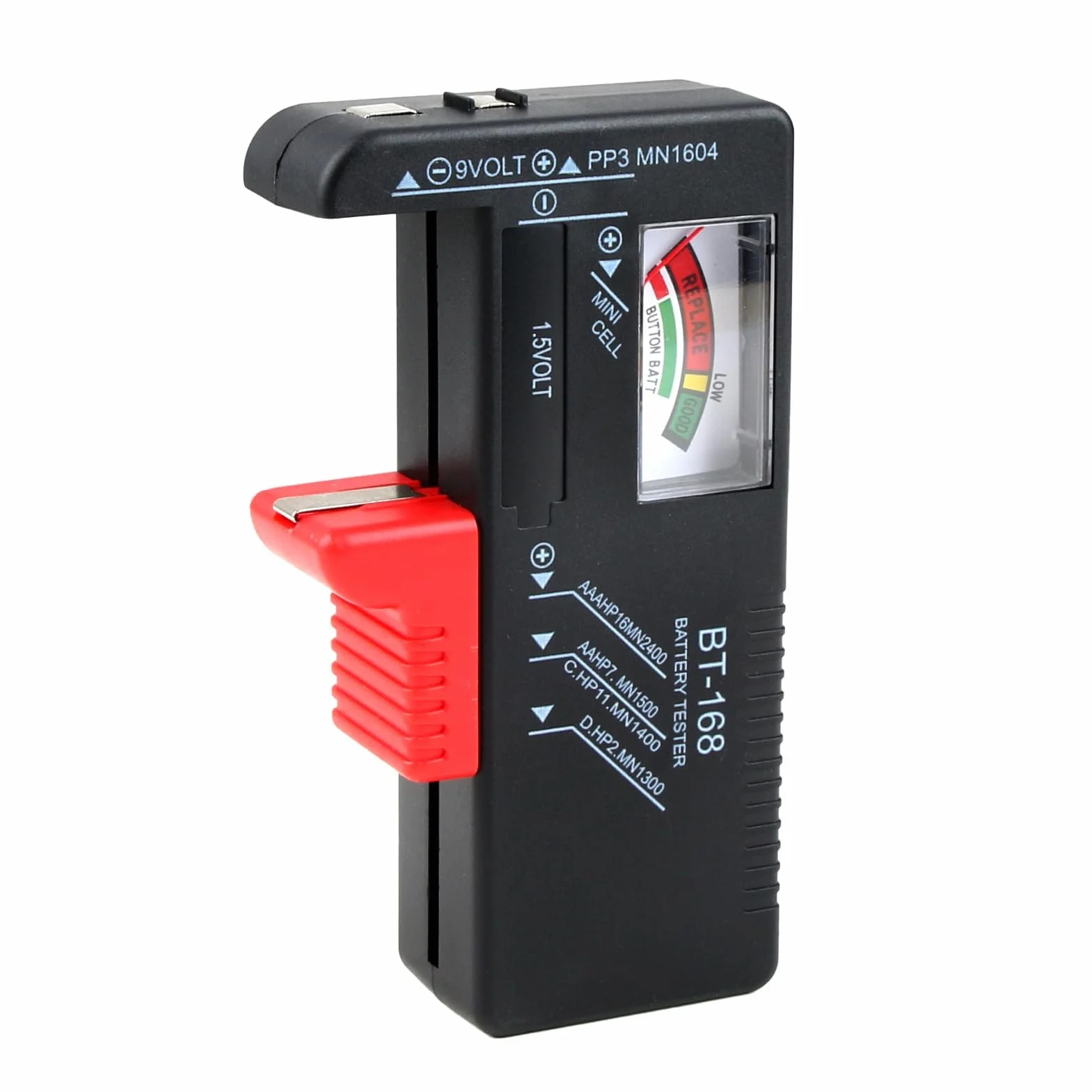 Testeur de Piles Universel, Testeur Pile Numérique pour AA, AA, C, D, PP3, 9V, 1.5V, Piles Bouton,Fonctionne Sans Pile,Testeur Piles Idéal pour Tester vos Anciennes Batteries (Modèle: BT-168)