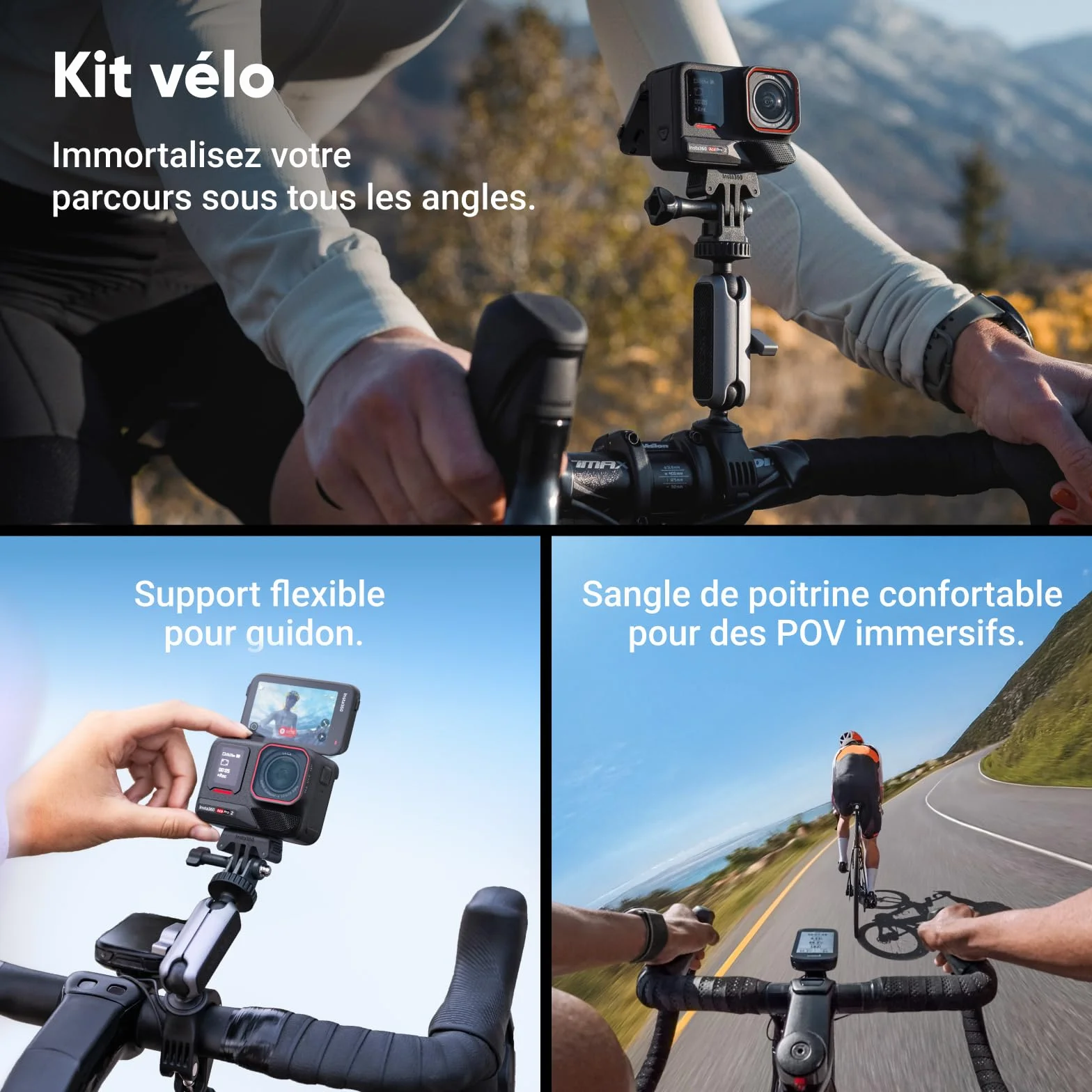 Insta360 Ace Pro 2 Pack Vélo - Caméra d'action étanche 8K co-conçue avec Leica, capteur 1/1,3", Double Puce d'IA, qualité en Basse lumière, Audio avancé, écran Rabattable, édition IA pour Vlogs, Moto