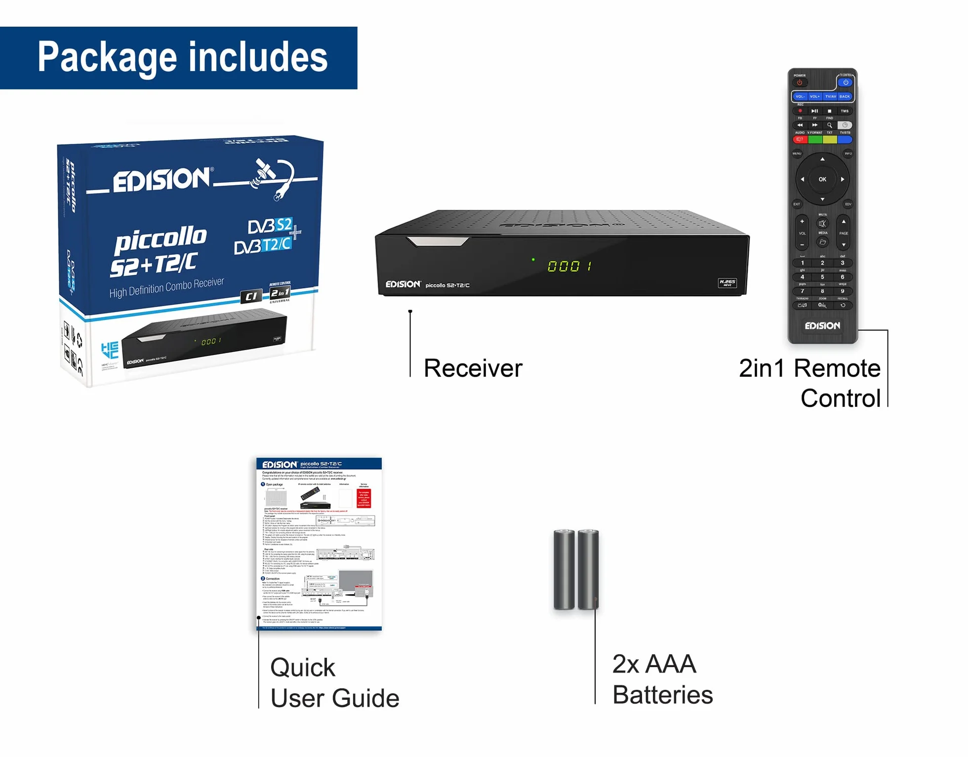 Edision Récepteur combiné PICCOLLO S2+T2/C H.265/HEVC (DVB-S2, DVB-T2, DVB-C) CI Full HD USB noir, télécommande universelle 2 en 1