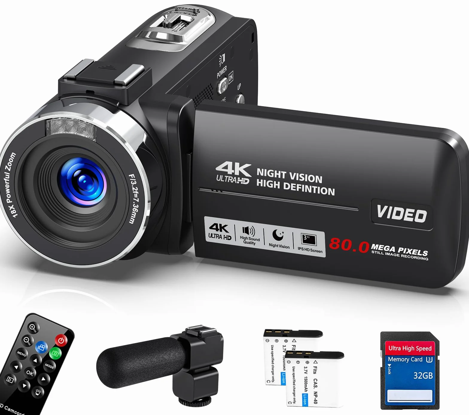 Caméscope 4K 30FPS 80MP Zoom Numérique 18X Caméra Vlogging Vision Nocturne IR Écran IPS 3.0" avec Carte SD 32 Go