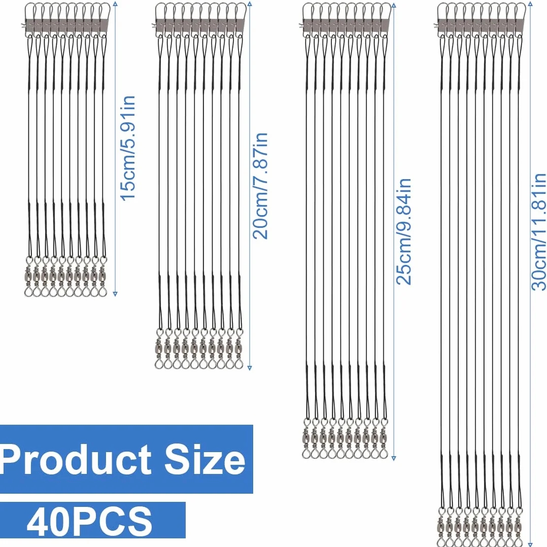 Bas de Ligne Acier Brochet 40PCS 15/20/25/30 cm, Bas de Ligne Carnassier Câbles de Pêche en Acier Inoxydable