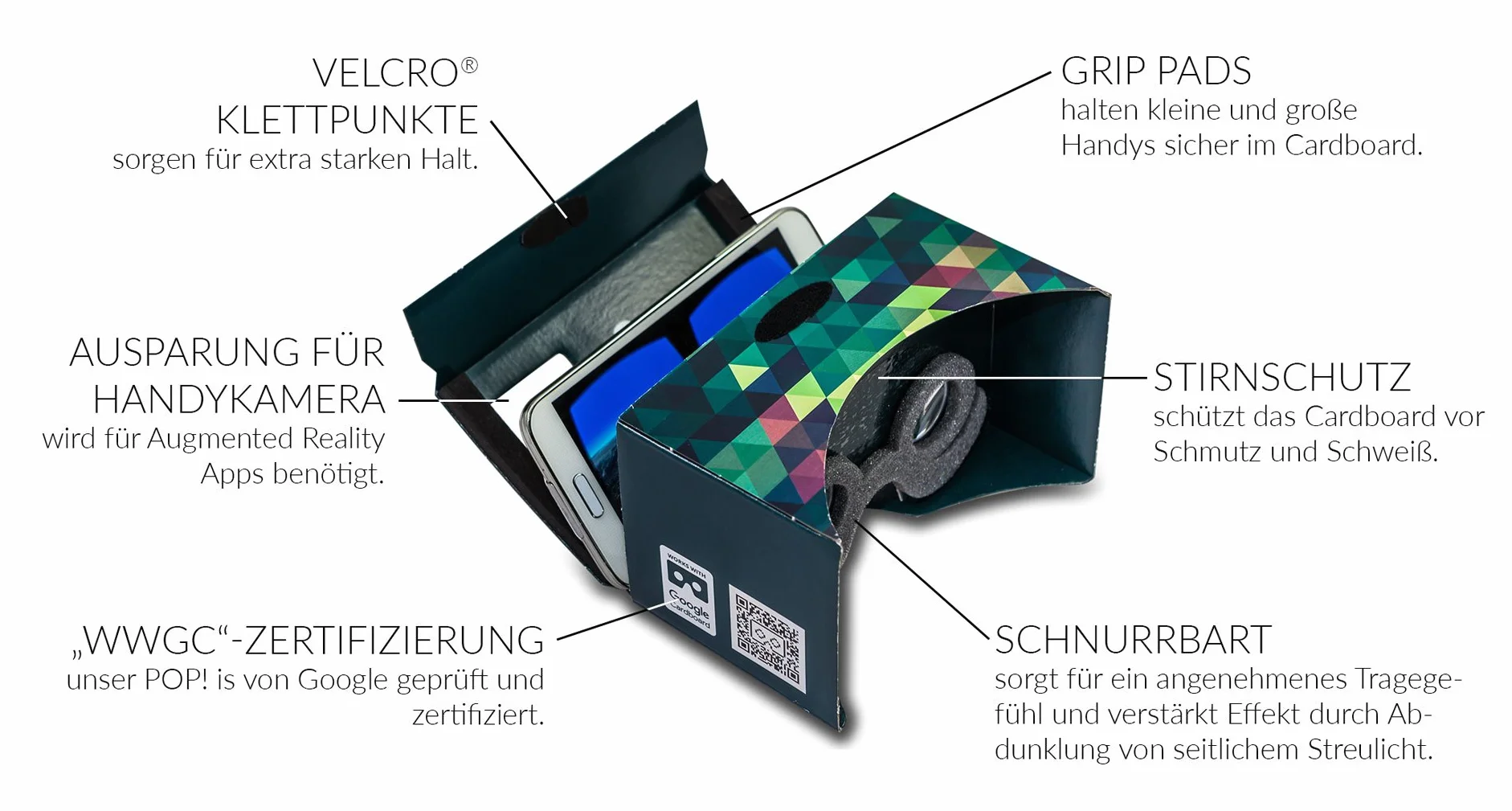 Google Carton Pop! Cardboard MR.CARDBOARD VR Casque réalité virtuelle Serre-tête Android Apple iOS Fabriqué Allemagne