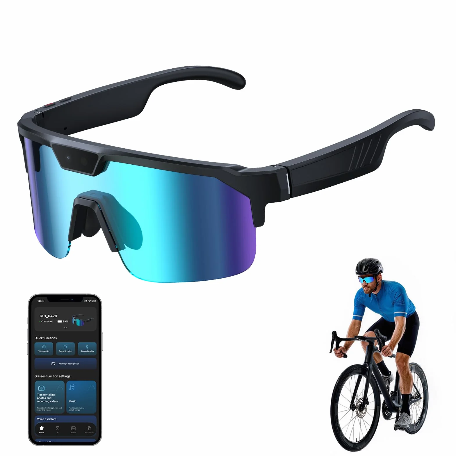 Lunettes Caméra Sport, Caméra 8 MP, Haut-Parleurs Ouverts, Verres Anti-éblouissants, Lunettes Connectées avec Vidéo, Photo et Détection IA d’Objets, AI Smart Glasses Pour Cyclisme, VTT, Randonnée