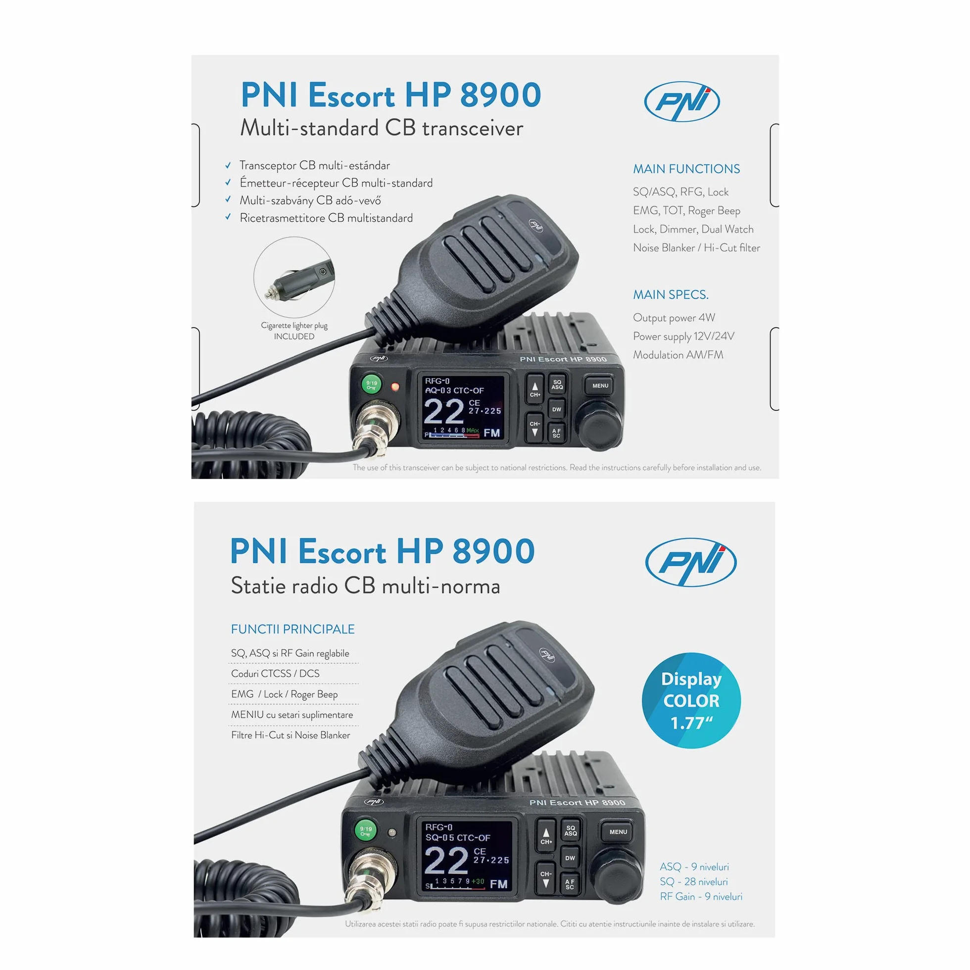 Radio CB PNI Escort HP 8900 ASQ, Antenne 12-24V + CB PNI ML100 avec Base magnétique, Alimentation 12V/24V, Gain RF, Roger Beep, CTCSS-DCS, Dual Watch