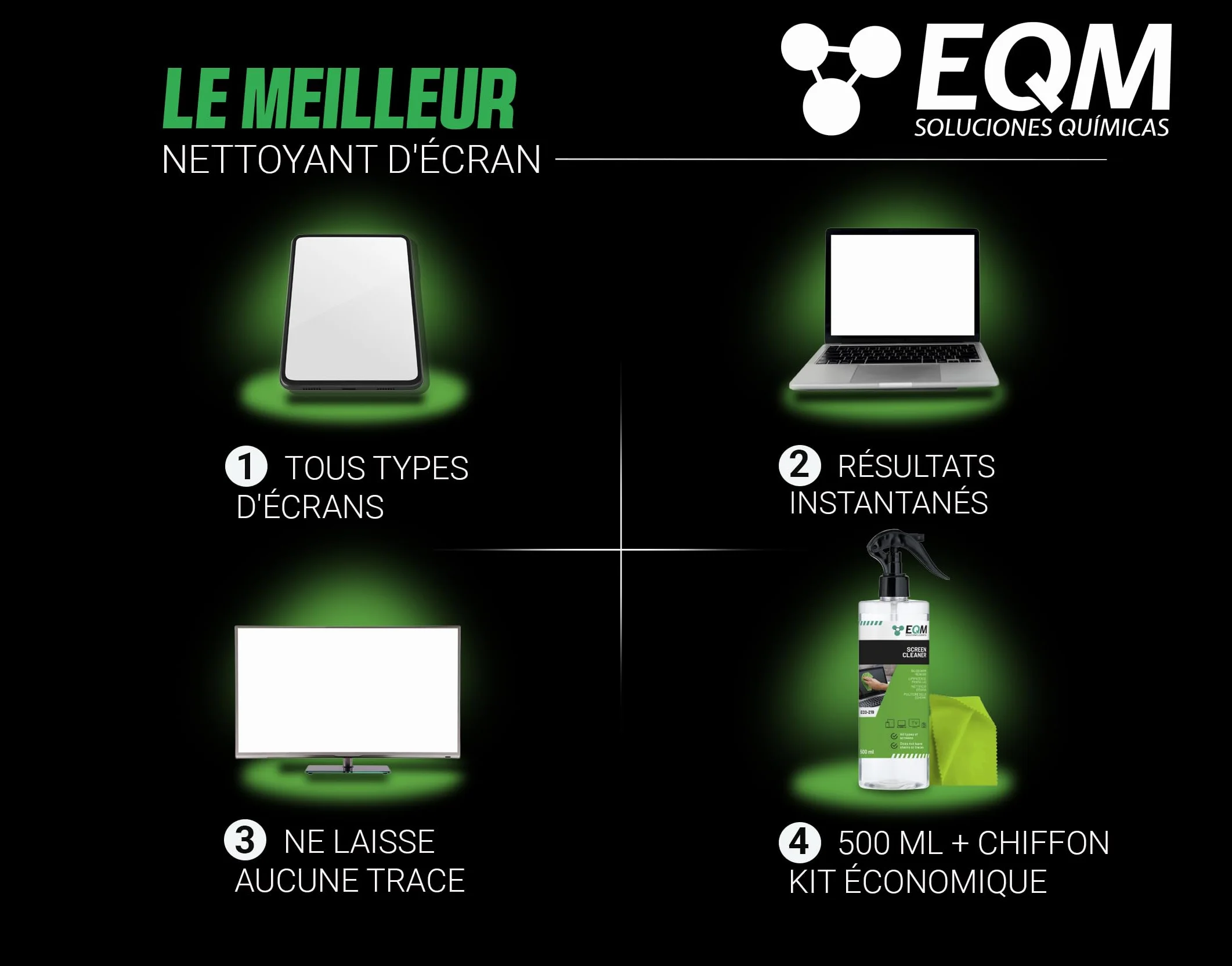 EQM - ECO-219 - Kit Nettoyant Écrans + Chiffon Microfibre - 500 ML - Format Premium - Compatible Tablette, Mobile, Ordinateur Portable, Appareil Photo, LED, OLED