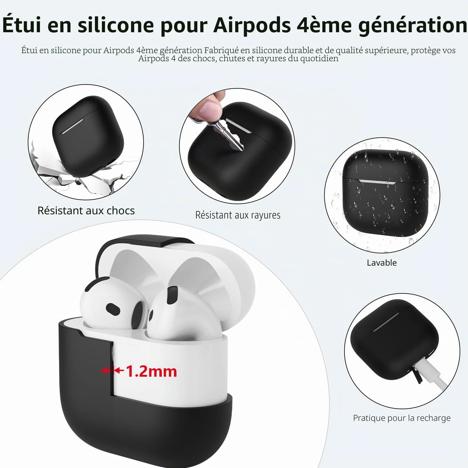 Coque en Silicone Compatible avec AirPods 4 2024, Housse Protecteur pour AirPods 4ᵉ Génération, Étui en Silicone Souple pour Airpods 4, LED Avant Visible (Noir)